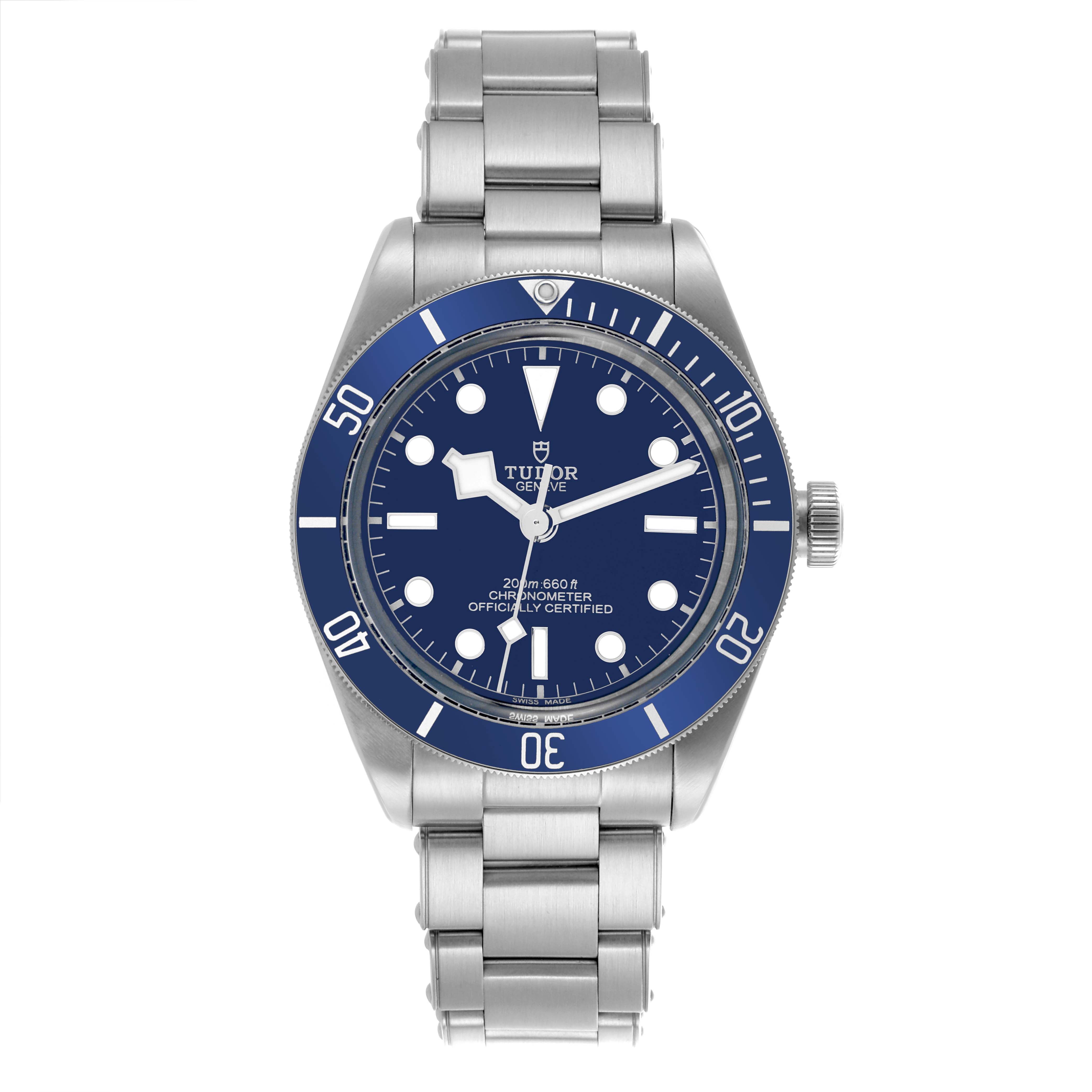 The Tudor Heritage Black Bay 79030B Men
s Stainless Steel Blue Dial 79030B Men
s Stainless Steel Blue Dial watch is shown from a top view, displaying the dial, bezel, and bracelet.