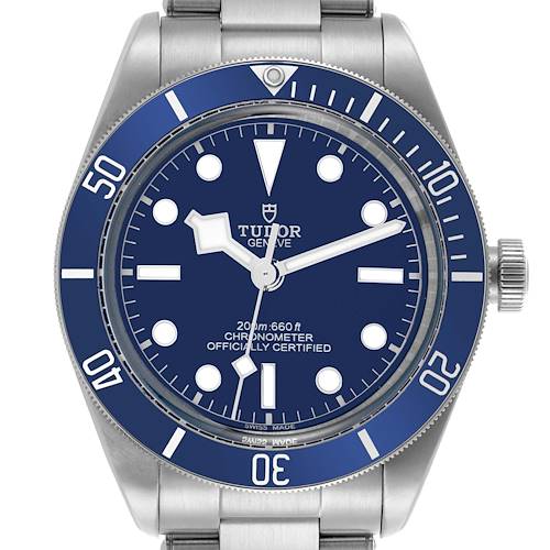 The Tudor Heritage Black Bay watch is shown from the front, highlighting the face, bezel, crown, and bracelet.