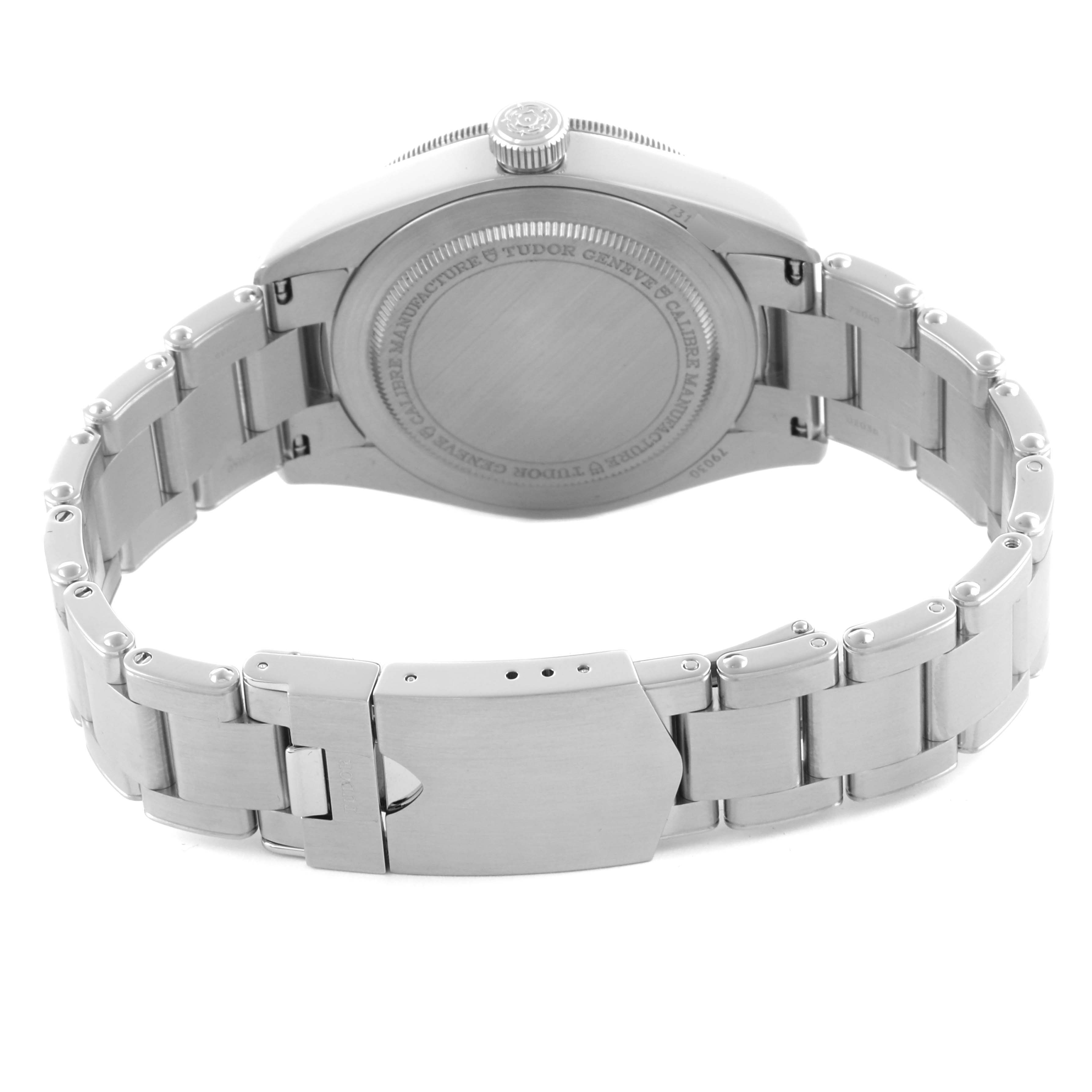 The image shows the back case and clasp of a Tudor Heritage Black Bay 79030B Men
s Stainless Steel Blue Dial 79030B Men
s Stainless Steel Blue Dial watch, viewed from behind.