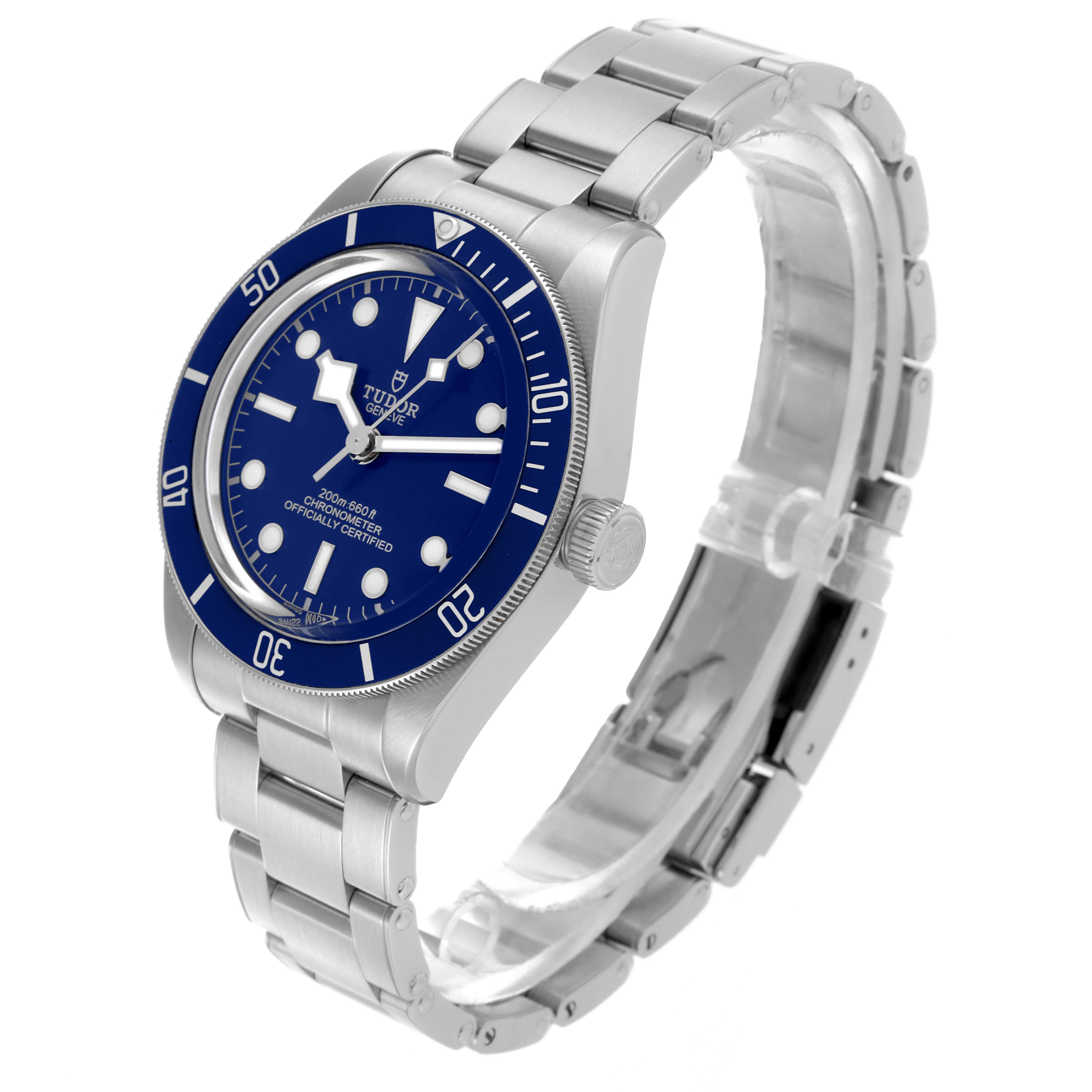 The Tudor Heritage Black Bay 79030B Men
s Stainless Steel Blue Dial 79030B Men
s Stainless Steel Blue Dial watch is shown at a three-quarter angle, highlighting the face, bezel, crown, and bracelet.