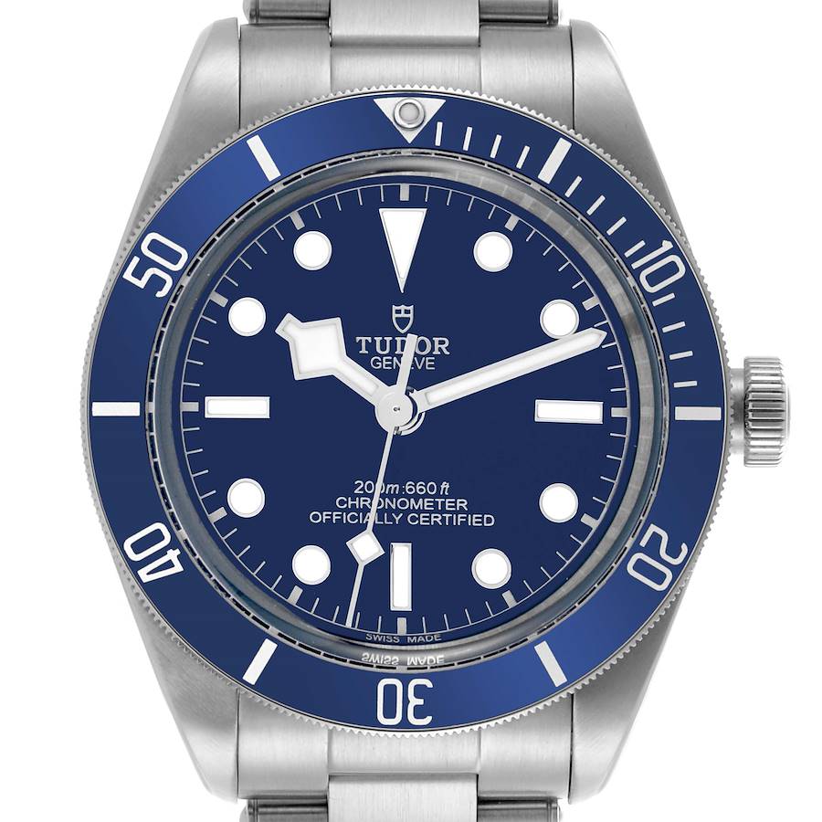 The Tudor Heritage Black Bay watch is shown from a front angle, displaying its dial, bezel, and bracelet.