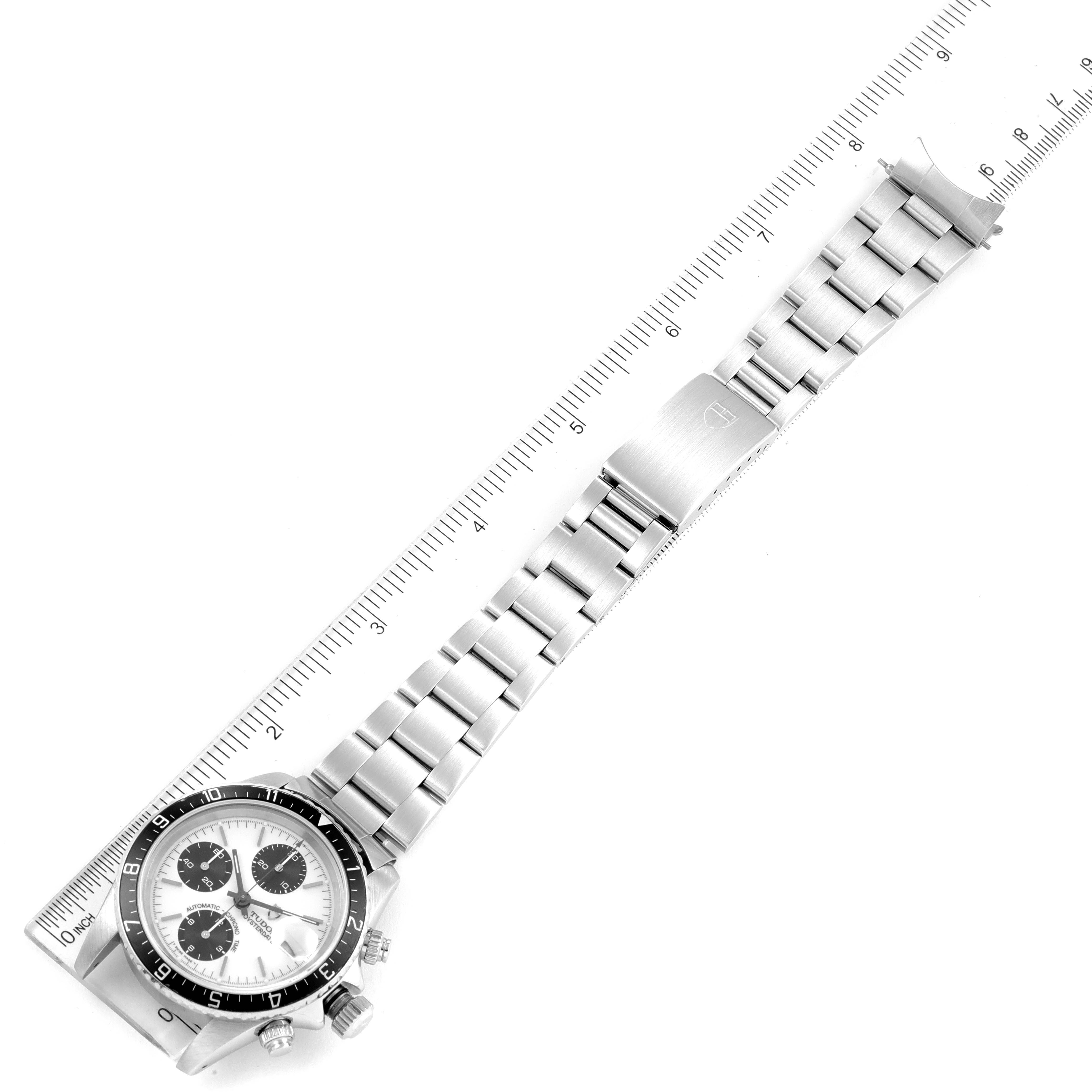 The image shows a Tudor Prince 79270 Men's Stainless Steel White Dial 79270 Men's Stainless Steel White Dial watch, displaying the dial, bezel, and bracelet with a measuring scale.