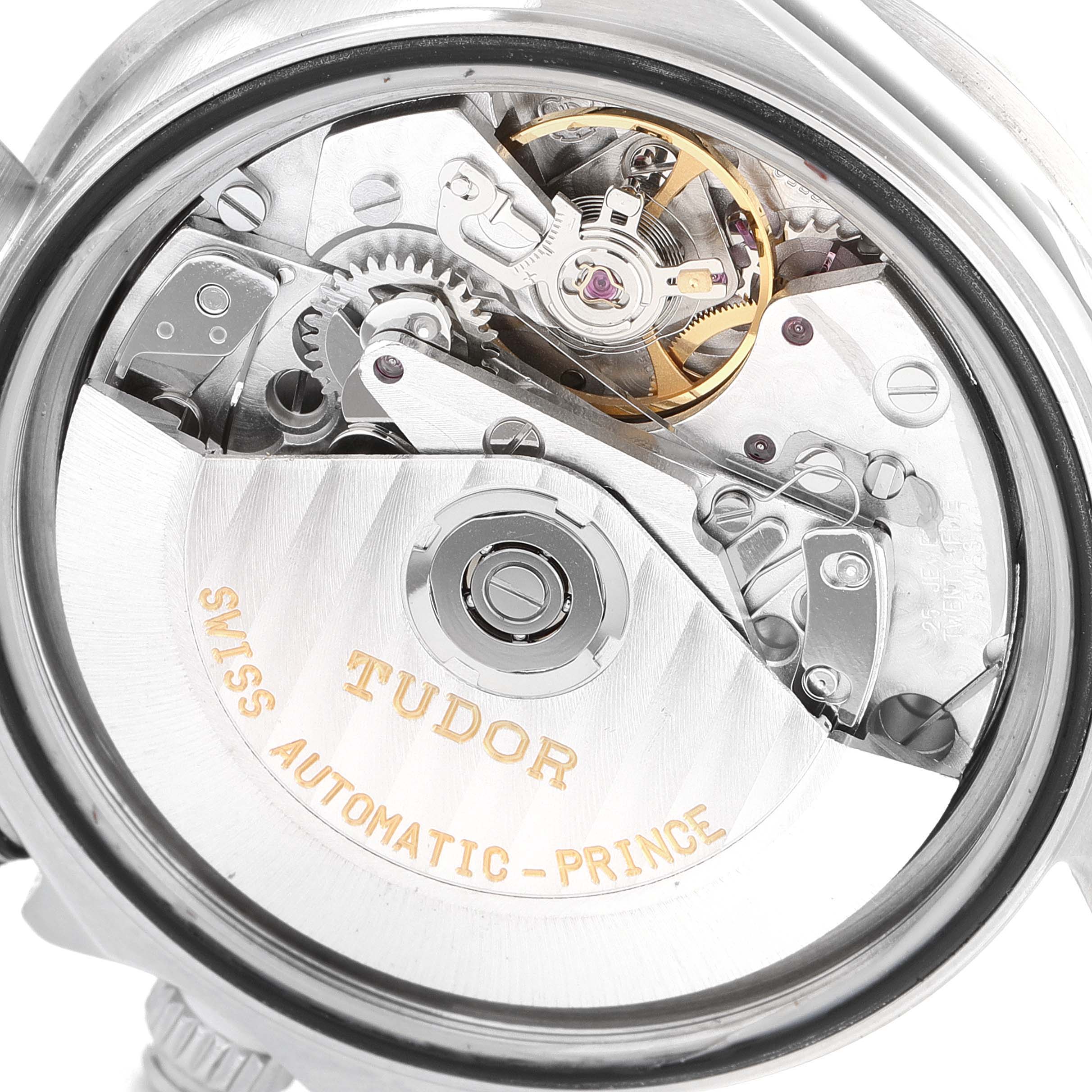 The image shows the internal mechanical movement of a Tudor Prince 79270 Men's Stainless Steel White Dial 79270 Men's Stainless Steel White Dial model watch, viewed through the case back.