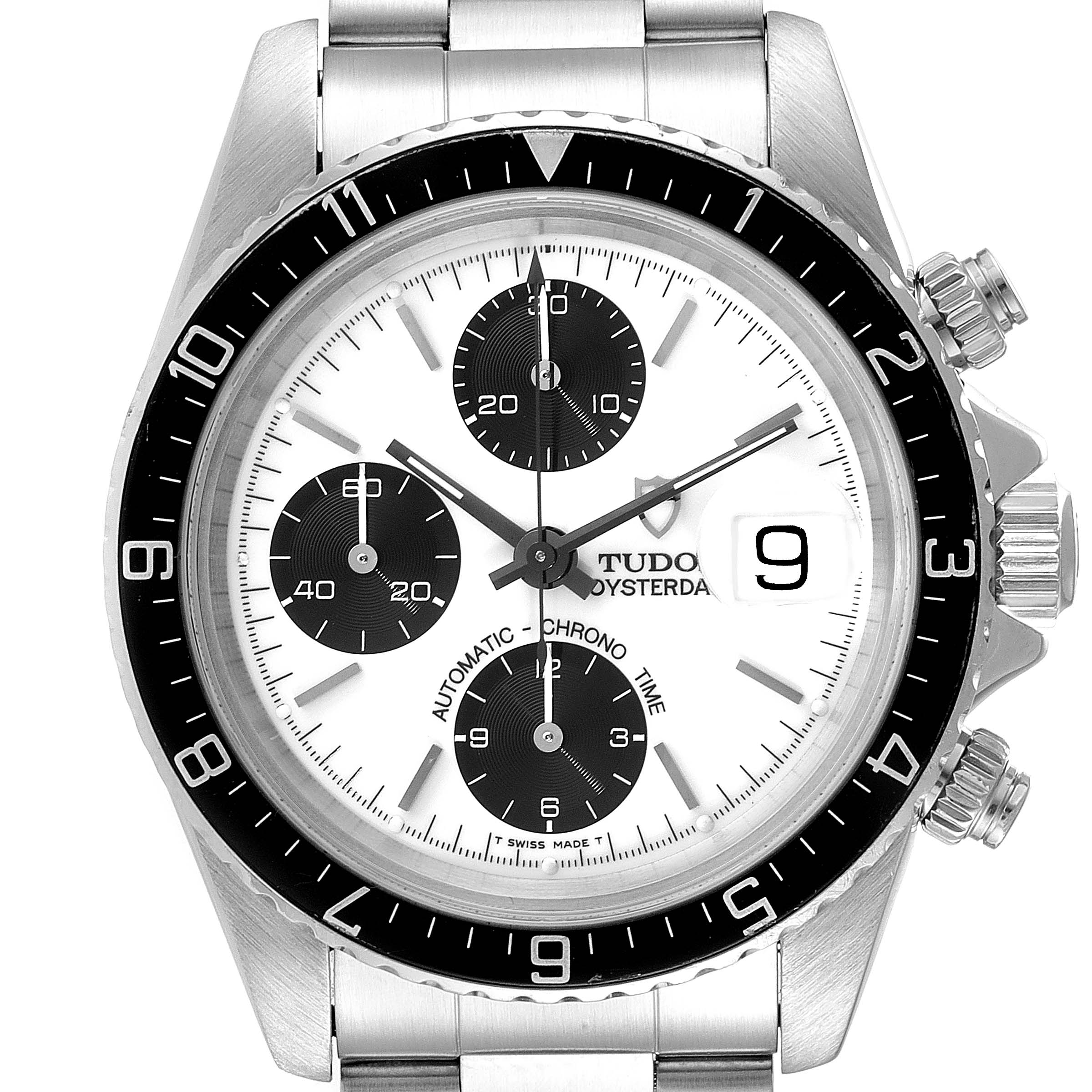 The image shows a front view of the Tudor Prince 79270 Men's Stainless Steel White Dial 79270 Men's Stainless Steel White Dial model watch, displaying the dial, bezel, and part of the bracelet.