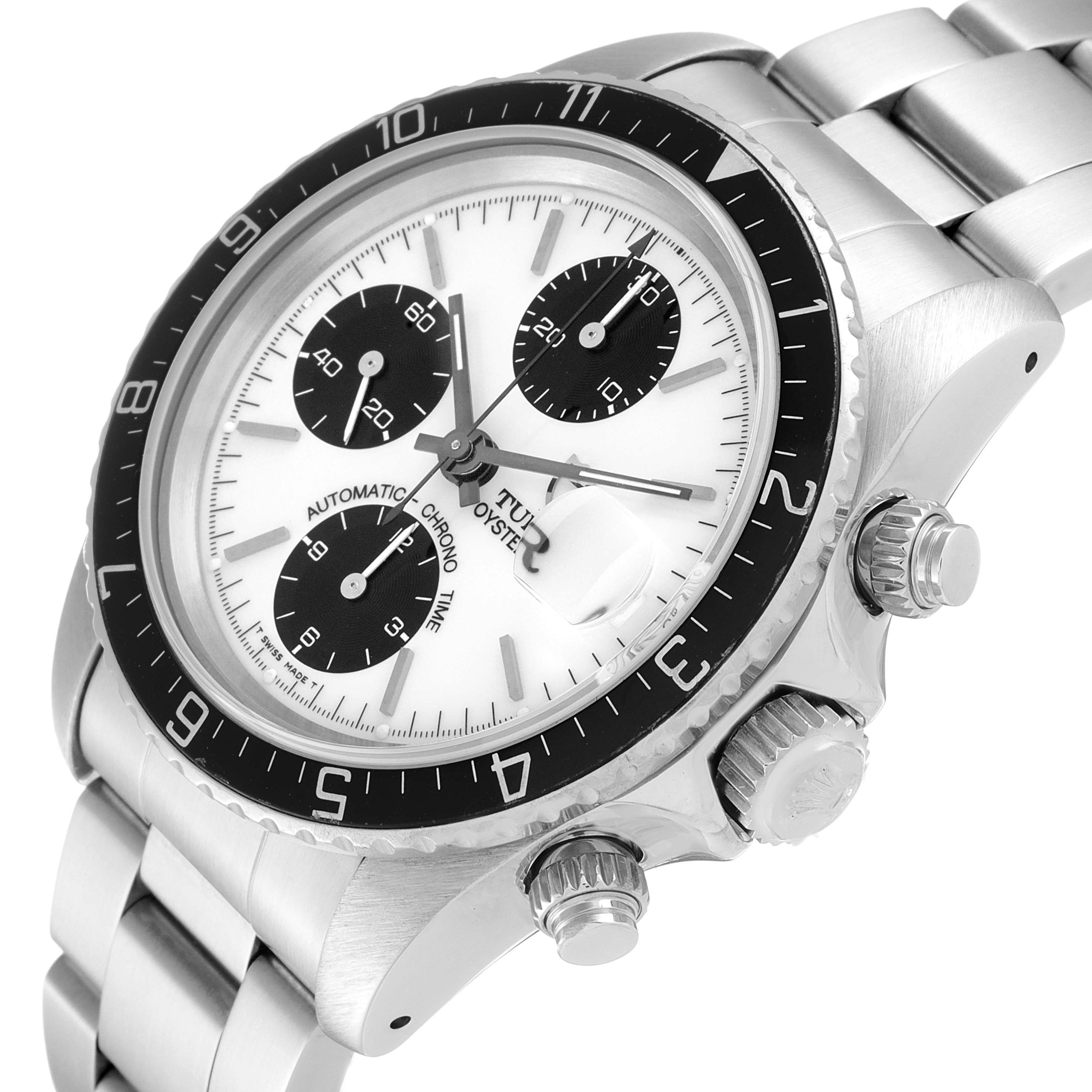 The image shows a close-up angle of the Tudor Prince 79270 Men's Stainless Steel White Dial 79270 Men's Stainless Steel White Dial watch, displaying its face, bezel, crown, and part of the bracelet.