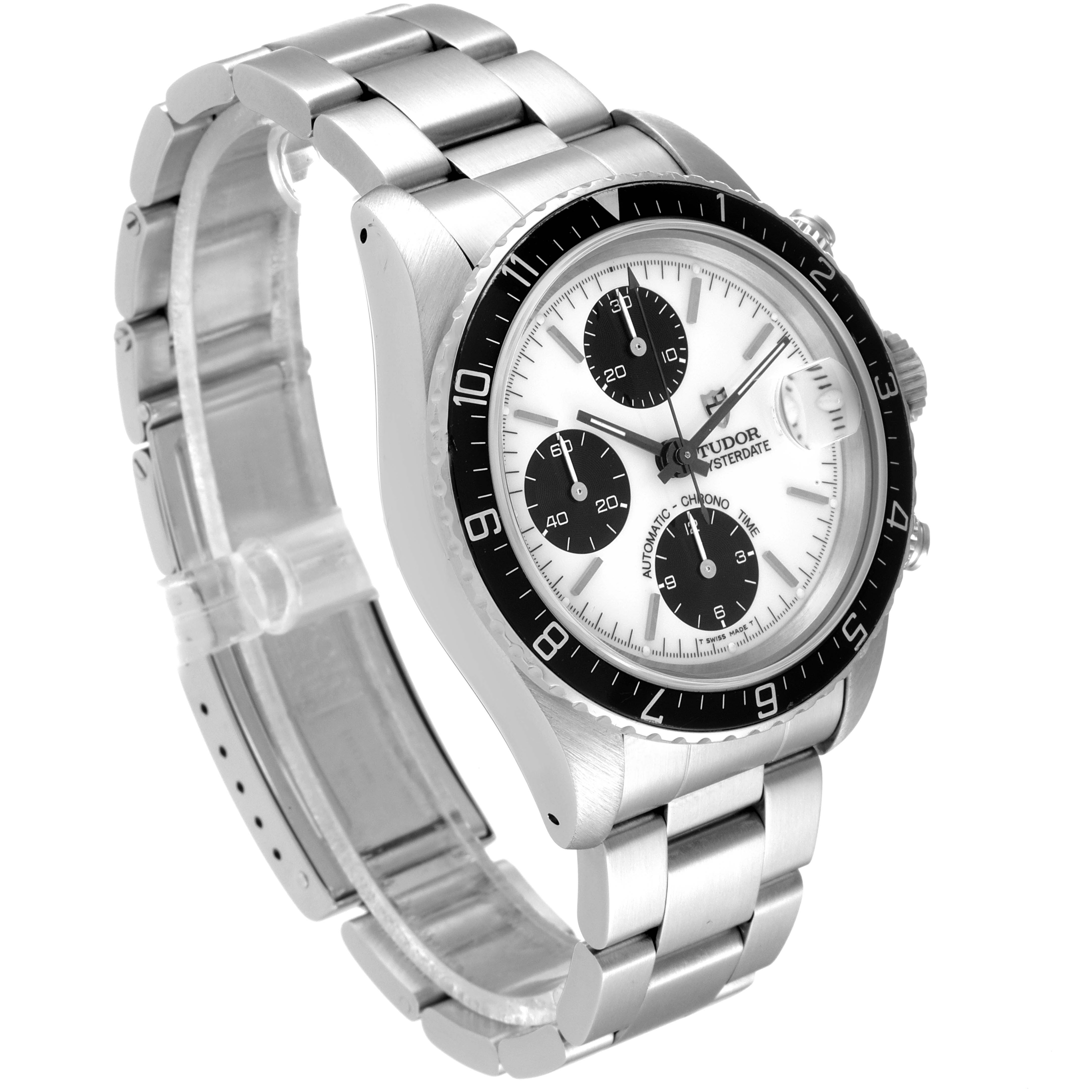 The Tudor Prince 79270 Men's Stainless Steel White Dial 79270 Men's Stainless Steel White Dial model watch is shown at an angled view highlighting its face, bezel, and stainless steel bracelet.