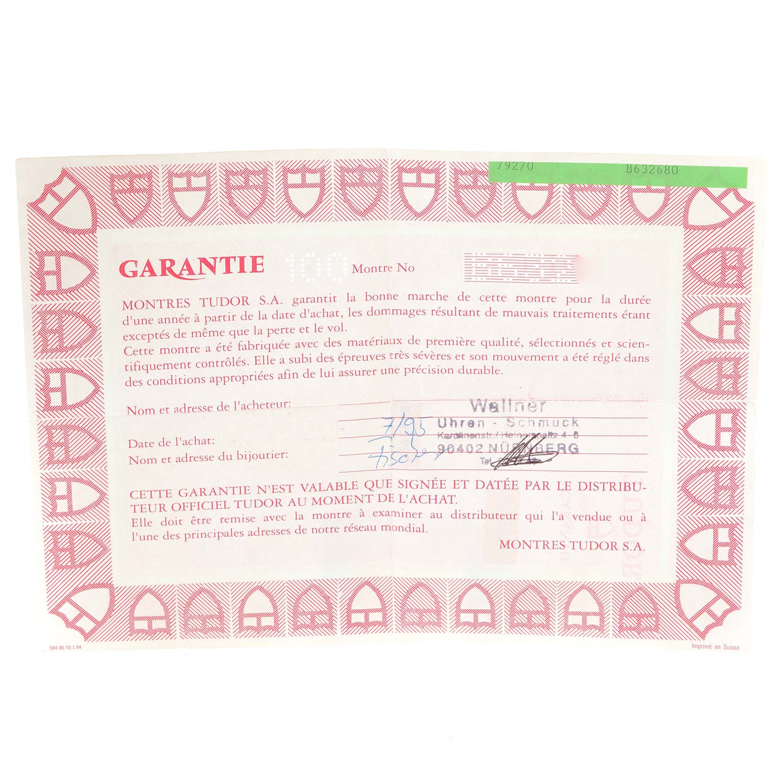 The image shows a warranty certificate for a Tudor Prince 79270 Men's Stainless Steel White Dial 79270 Men's Stainless Steel White Dial model watch.