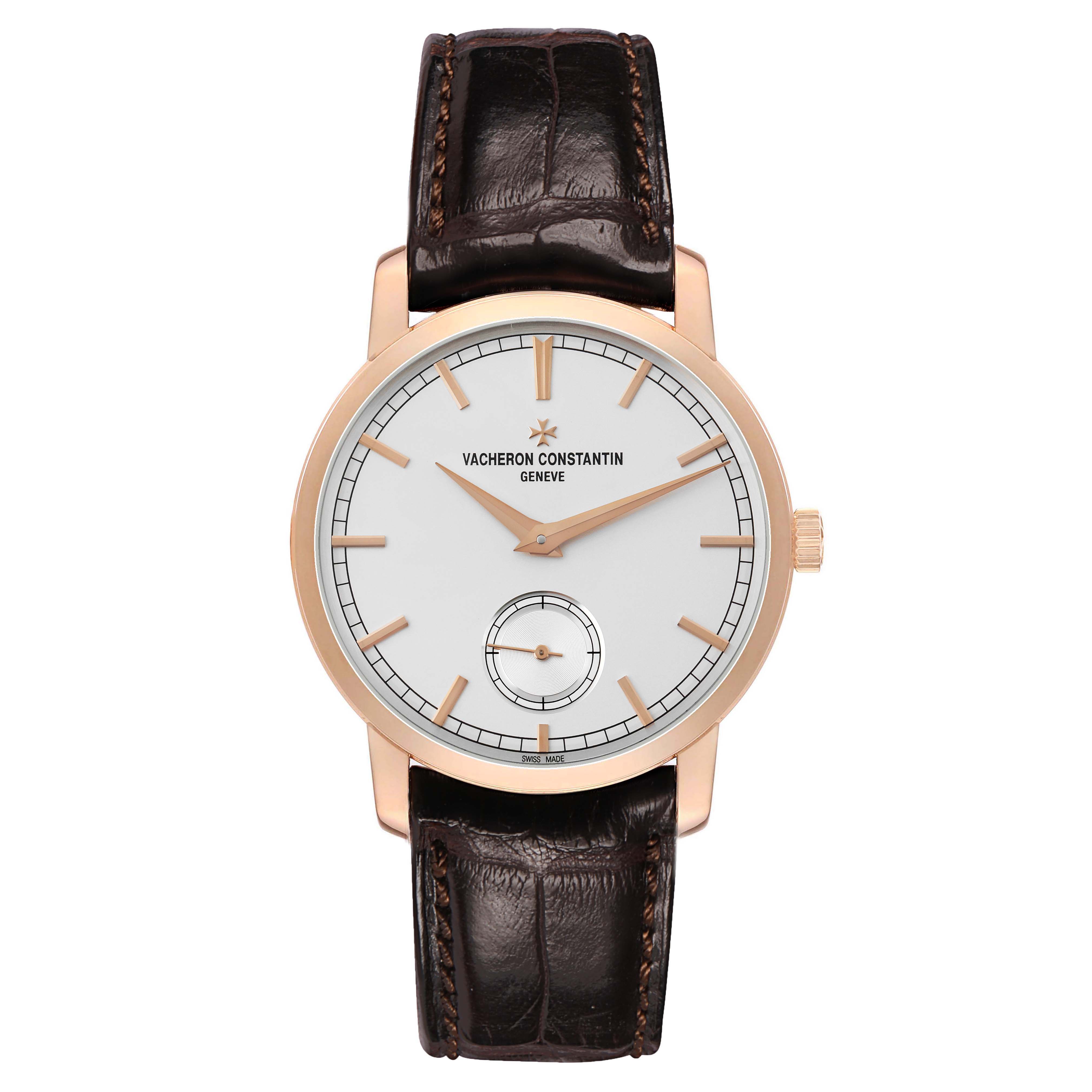 The Vacheron Constantin Traditionnelle 116713 Men's Rose Gold Silver Dial watch is shown from a top-down angle, displaying the dial, case, and leather strap.