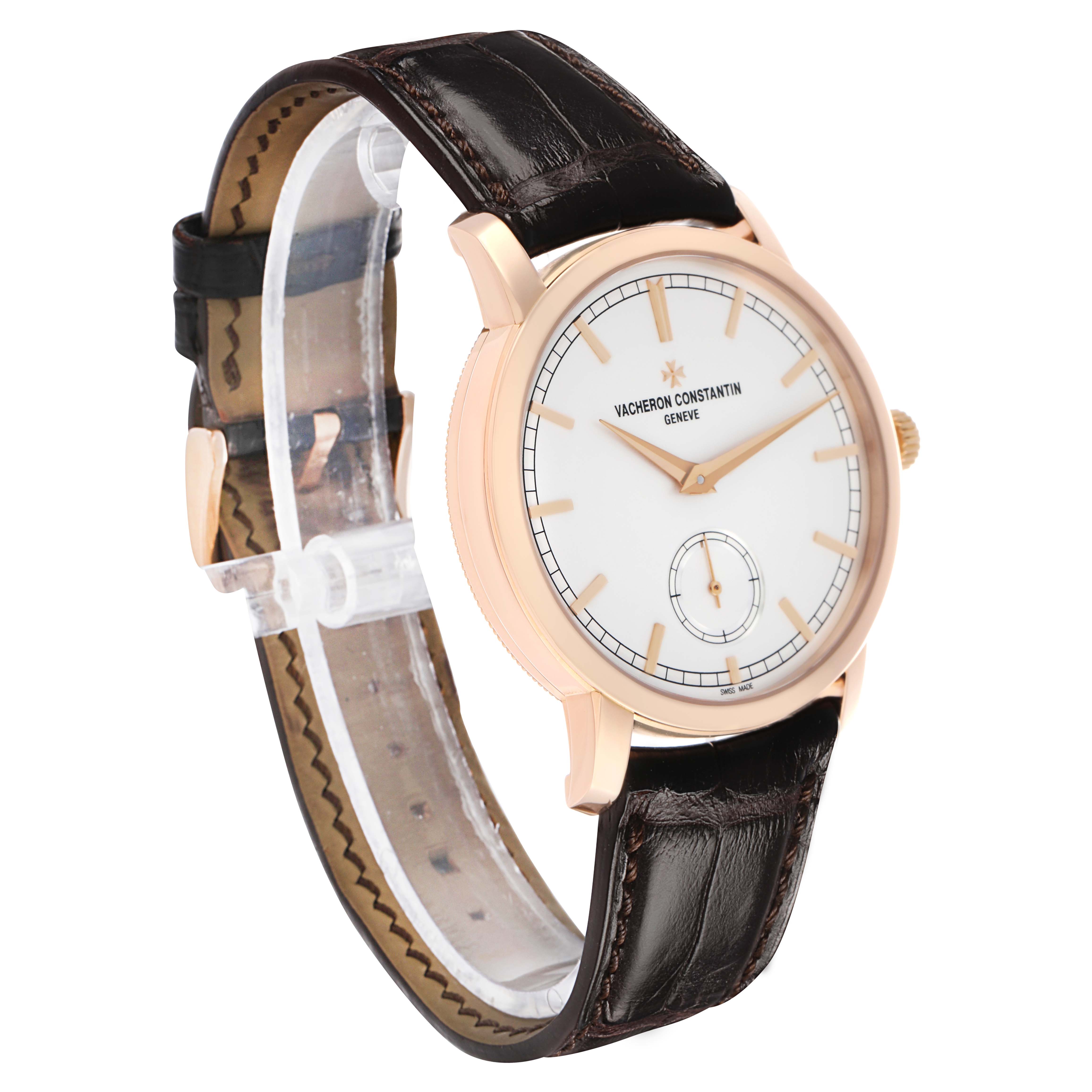 The Vacheron Constantin Traditionnelle 116713 Men's Rose Gold Silver Dial watch is shown at an angle highlighting its face, crown, and leather strap.
