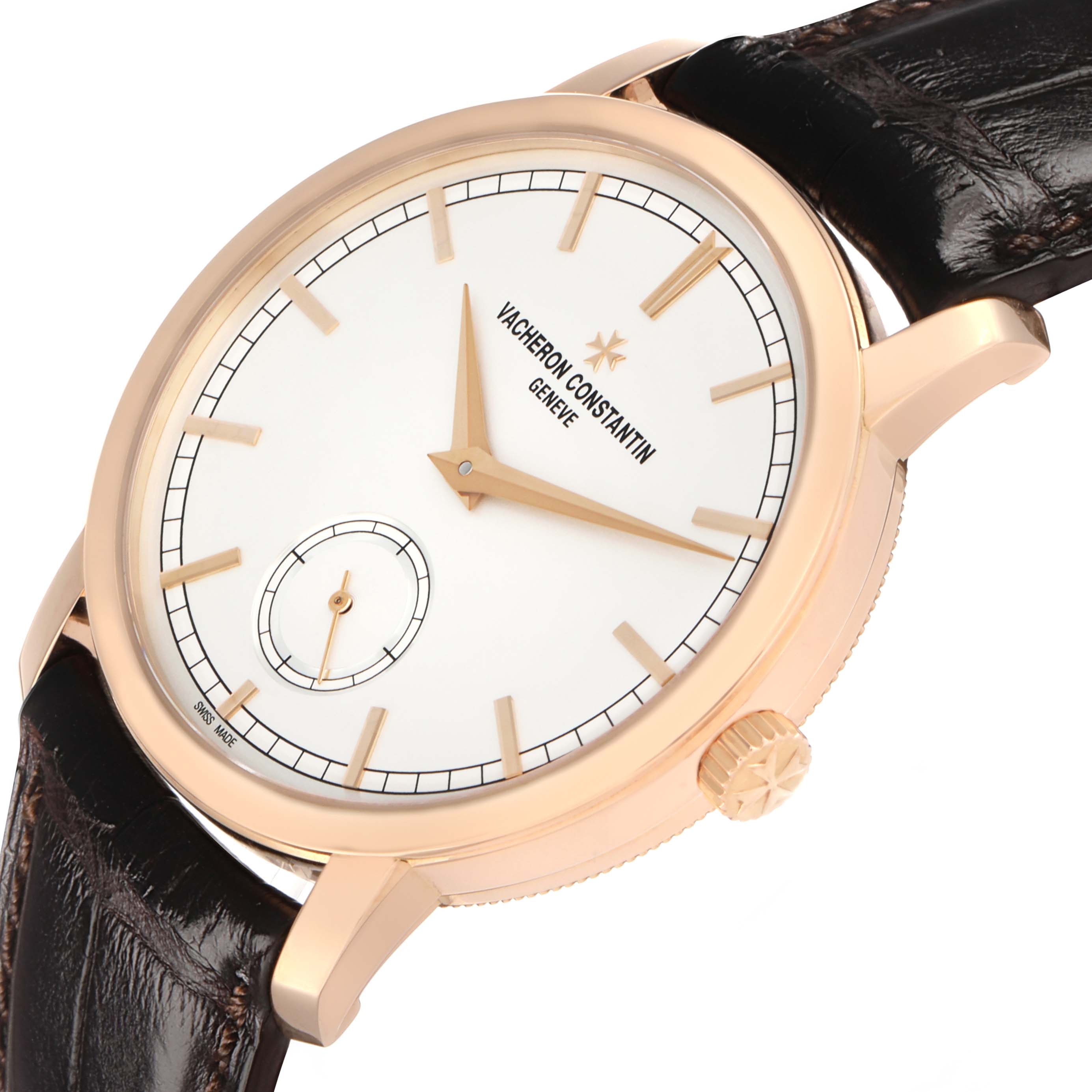 The Vacheron Constantin Traditionnelle 116713 Men's Rose Gold Silver Dial watch is shown at a slight angle, highlighting its dial, crown, and strap.