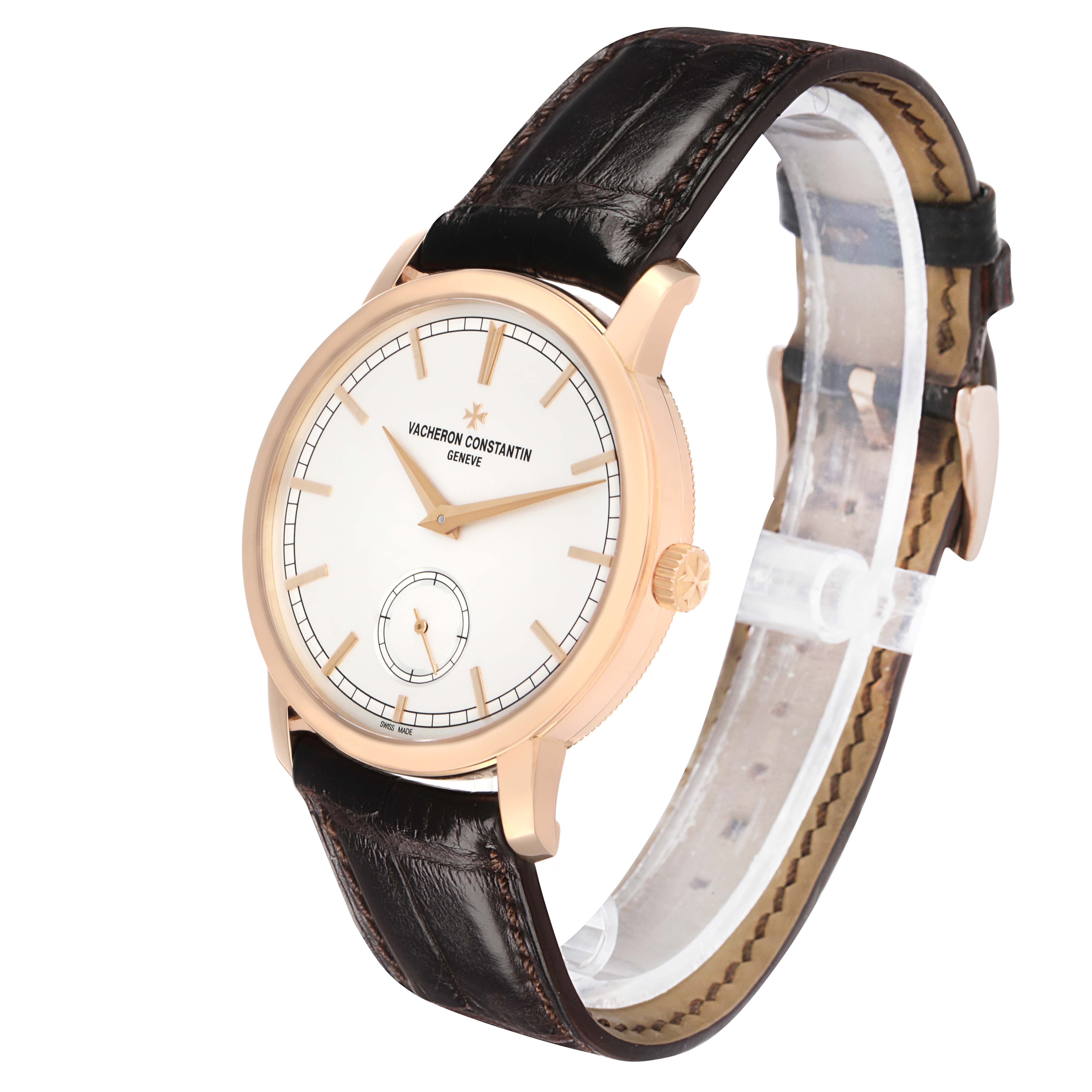 The Vacheron Constantin Traditionnelle 116713 Men's Rose Gold Silver Dial watch is shown at a three-quarter angle, highlighting the dial, bezel, crown, and leather strap.