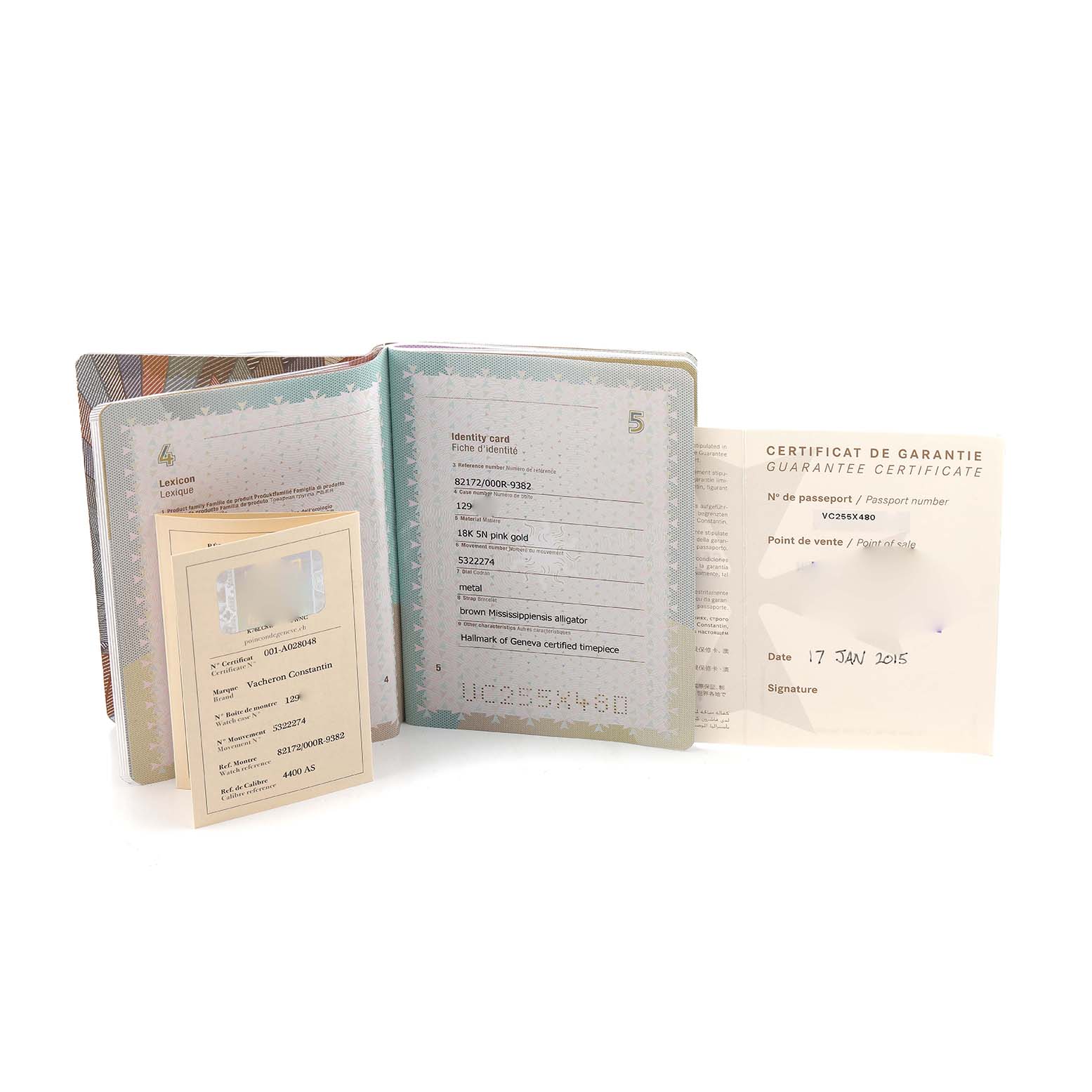 This image shows the documentation and certificate for the Vacheron Constantin Traditionnelle 116713 Men's Rose Gold Silver Dial model displayed from a front angle.