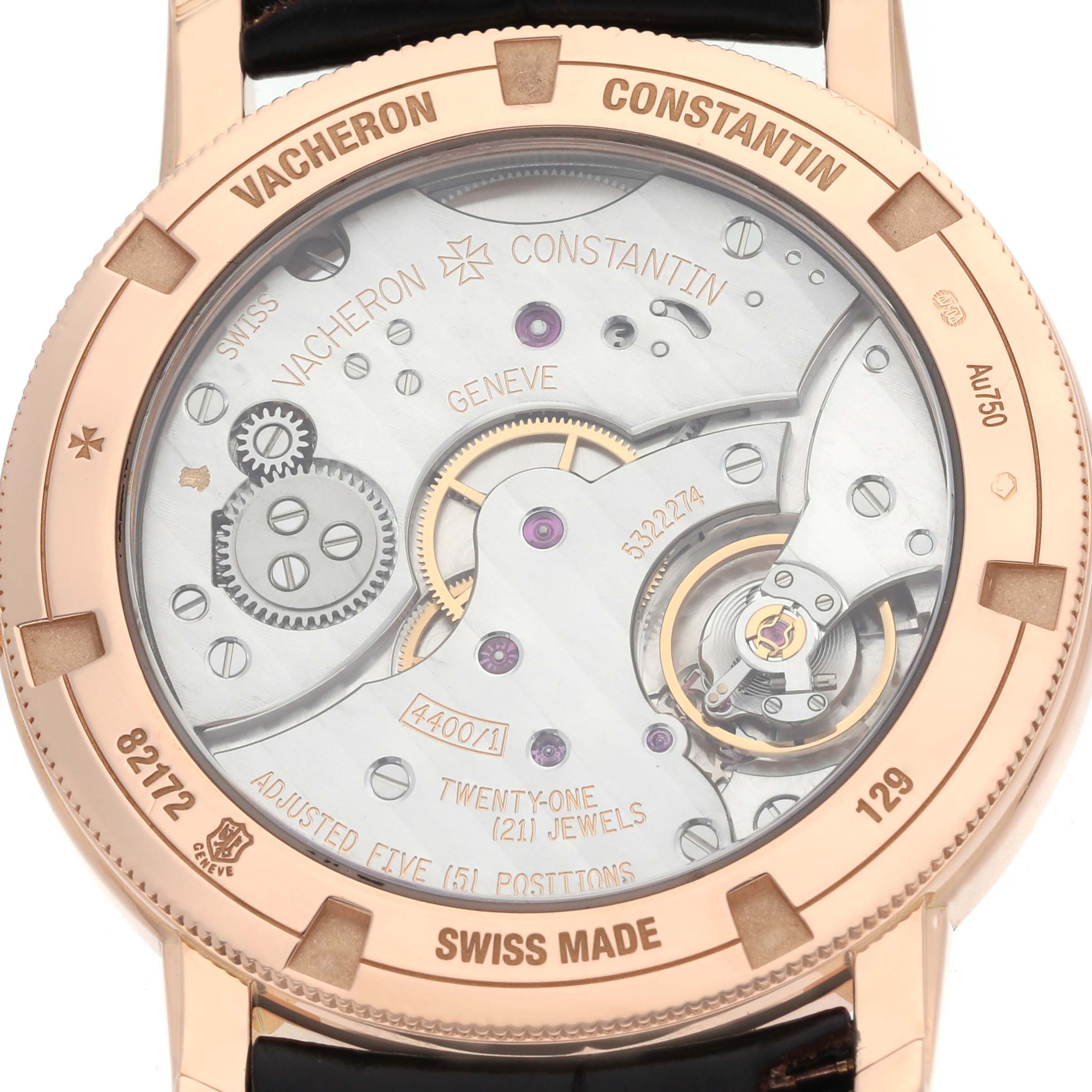 The image shows the back view of the Vacheron Constantin Traditionnelle 116713 Men's Rose Gold Silver Dial watch, highlighting its intricate mechanical movement.