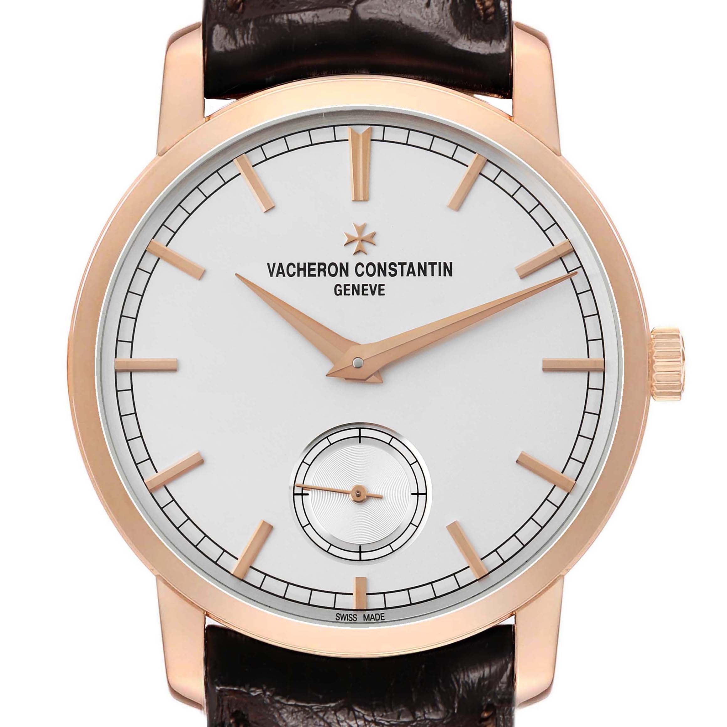 The Vacheron Constantin Traditionnelle 116713 Men's Rose Gold Silver Dial watch is shown from a front angle, displaying its face, dial, and crown.