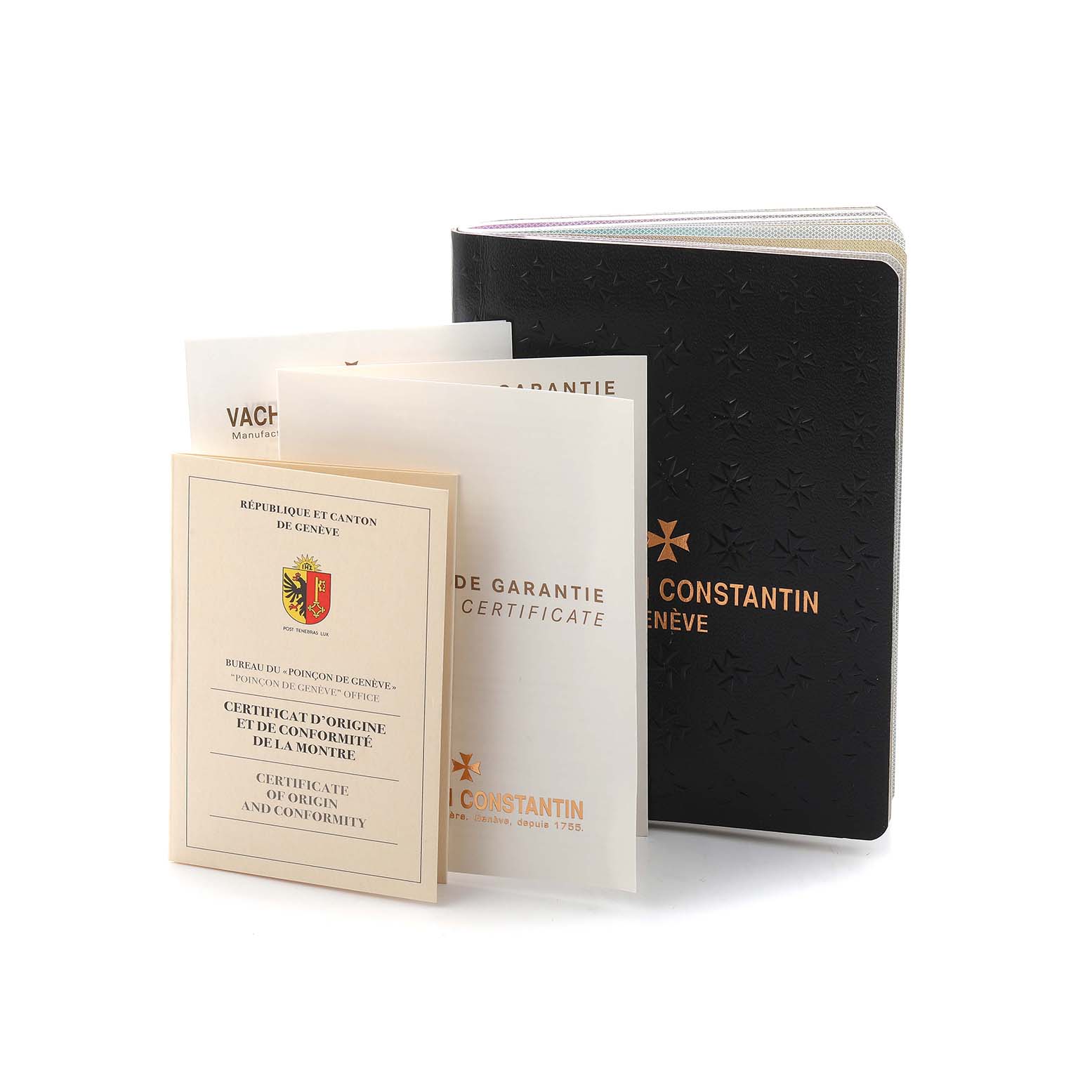 The image shows warranty and certificate documents in a black embossed folder for the Vacheron Constantin Traditionnelle 116713 Men's Rose Gold Silver Dial watch.