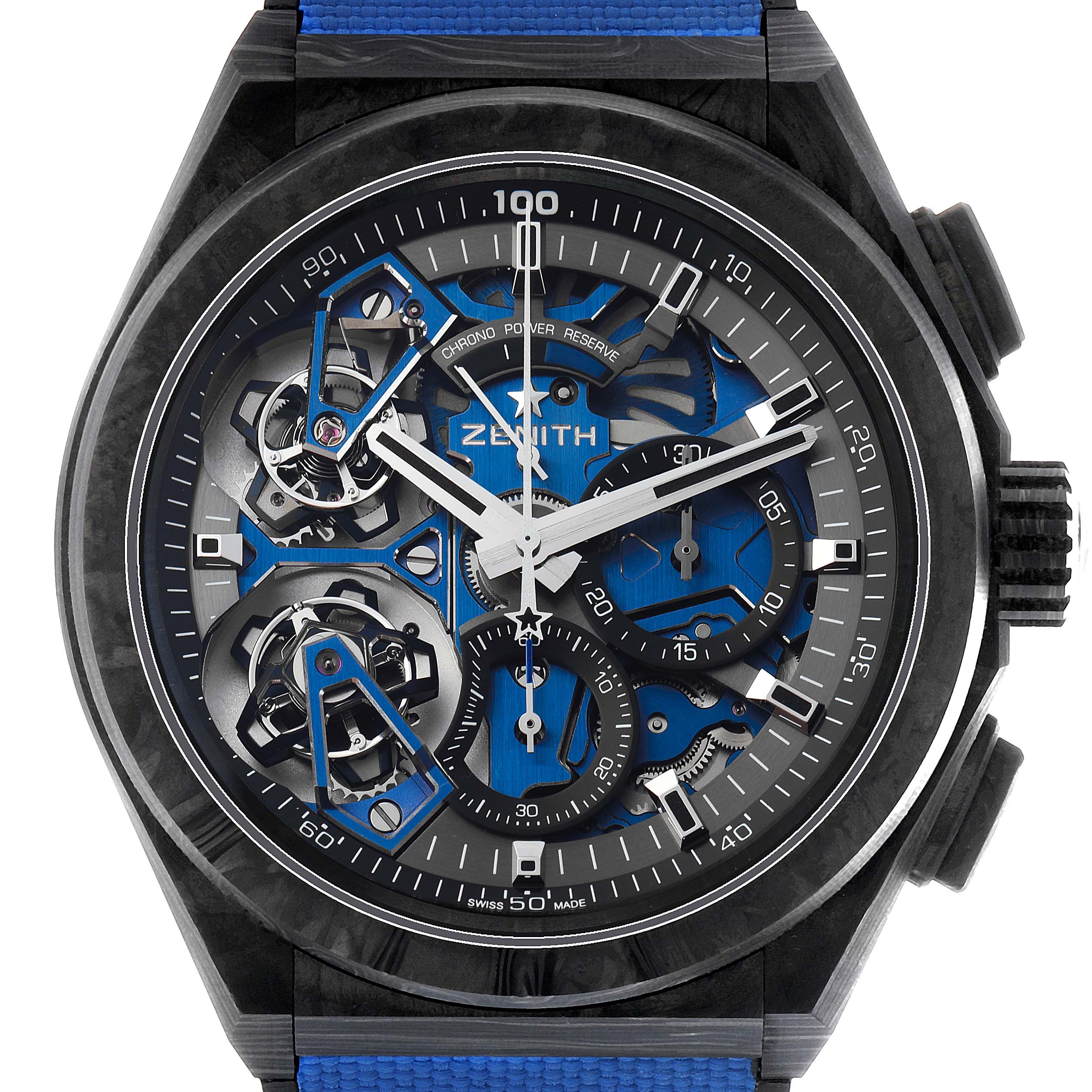 The Zenith Defy 10.9000.9020/79.R918 Men's Titanium Blue Dial watch is shown from the front, highlighting its intricate dial and exposed mechanisms.