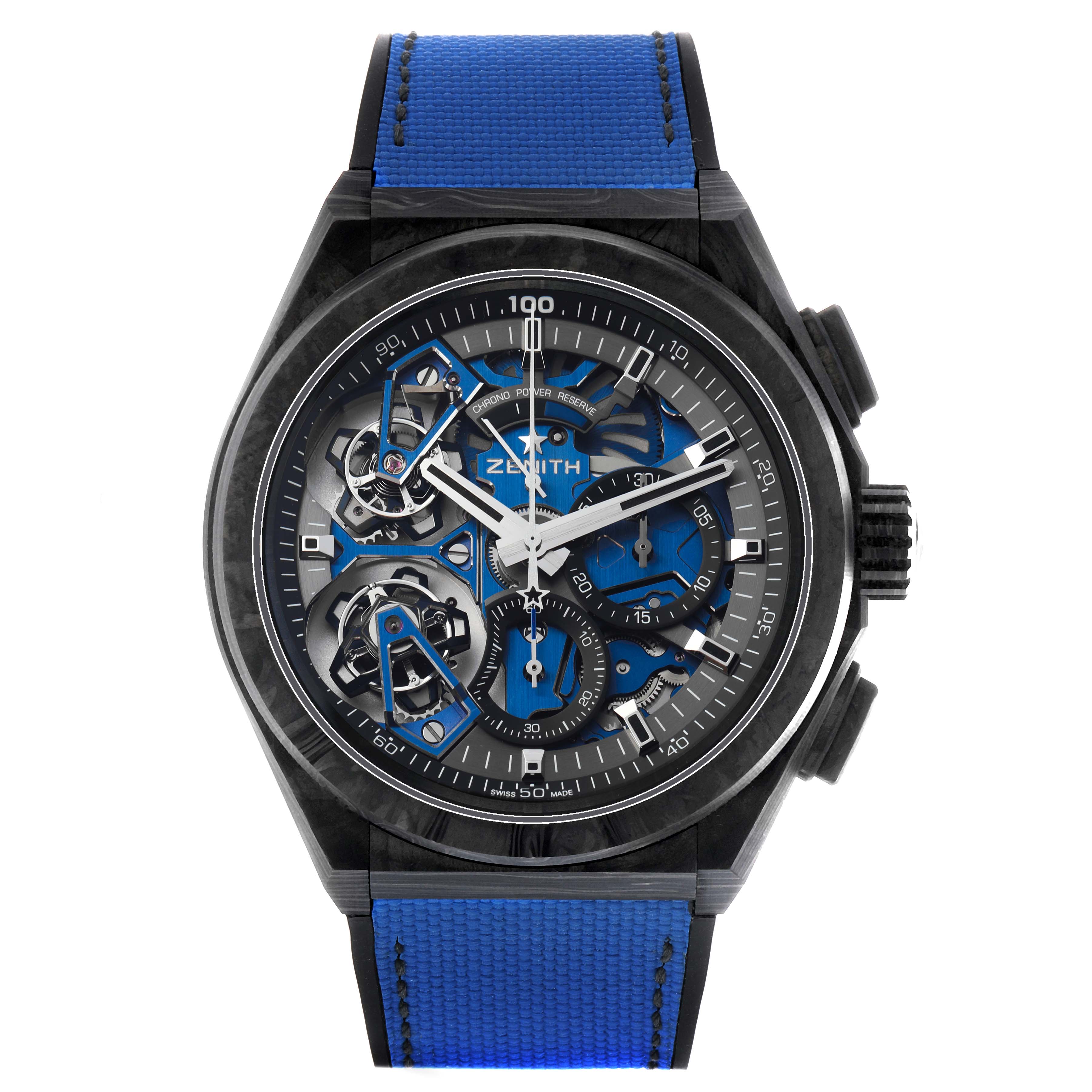 The Zenith Defy 10.9000.9020/79.R918 Men's Titanium Blue Dial watch is shown from a front angle, displaying its intricate dial and blue strap.
