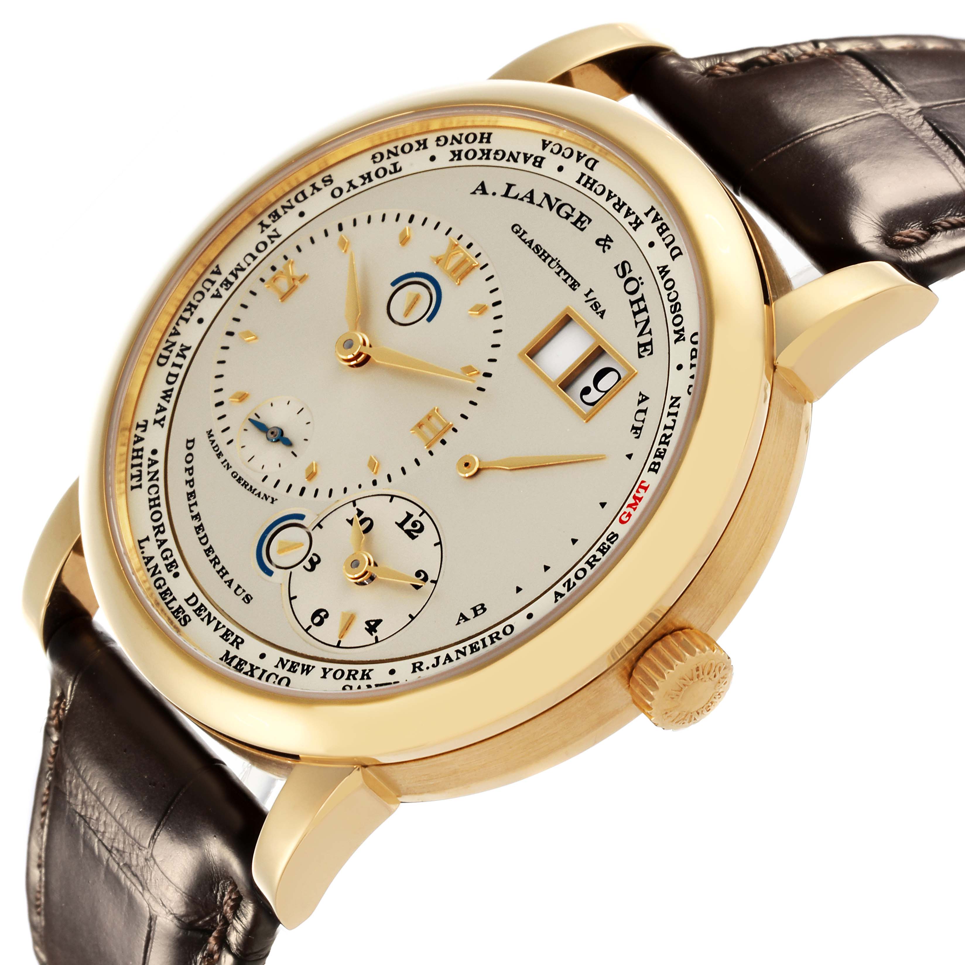 The A. Lange 
Sohne Lange 1 116.021 Men
s Yellow Gold Silver Dial watch is shown from a top-side angle, displaying the dial, bezel, crown, and leather strap.