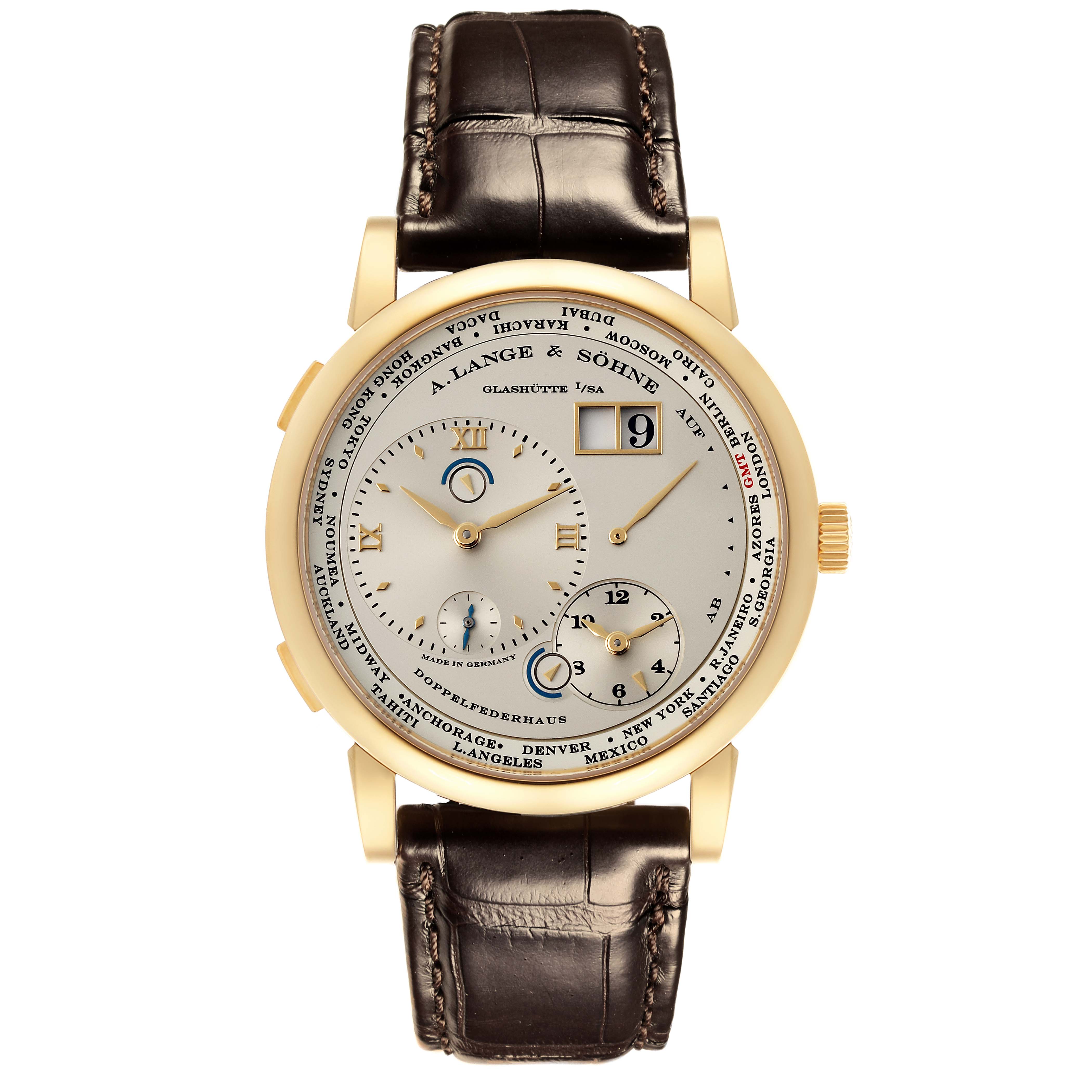 The A. Lange 
Sohne Lange 1 116.021 Men
s Yellow Gold Silver Dial watch is shown from the front, displaying its face, dials, and leather strap.