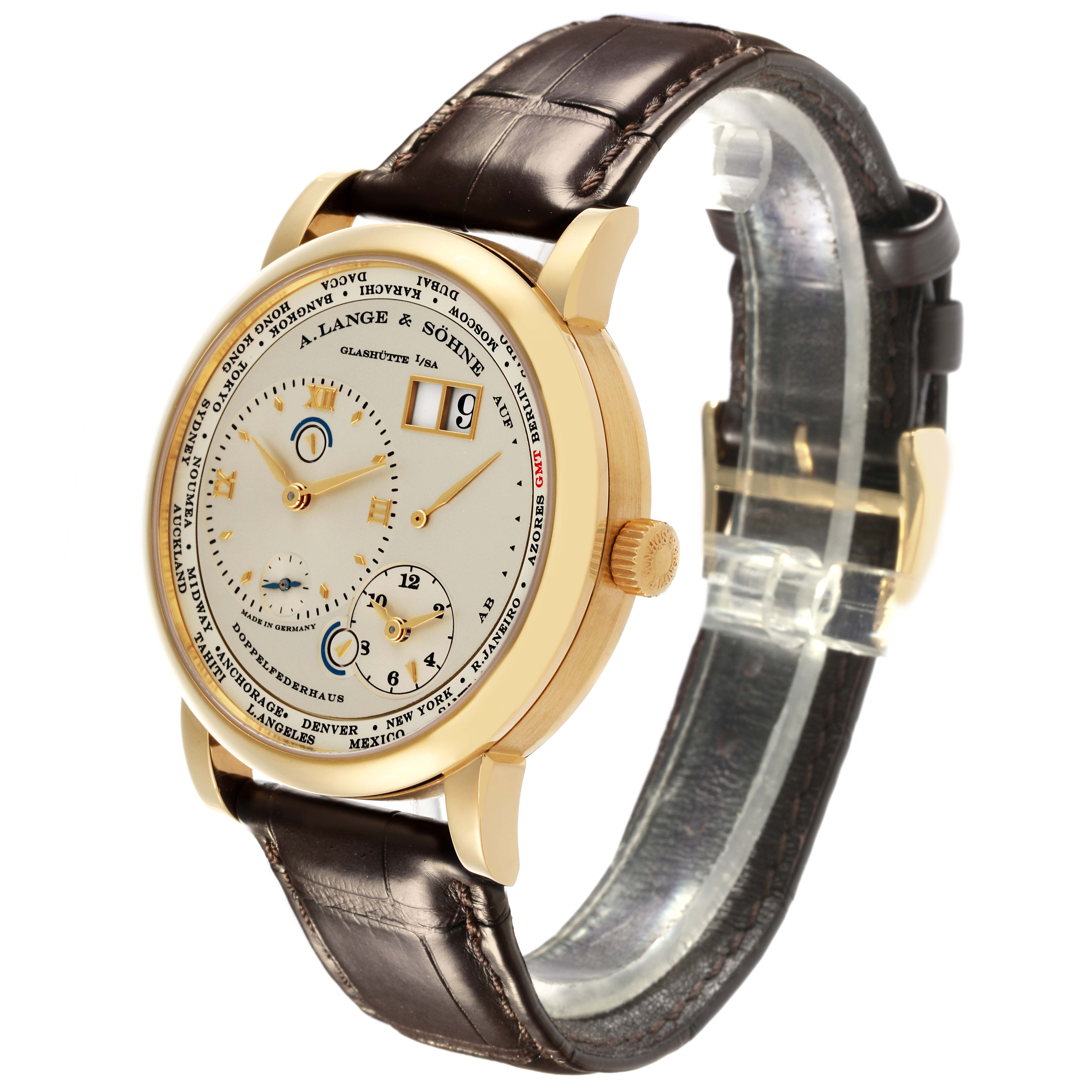 The Lange 1 by A. Lange 
Söhne is shown from a three-quarter angle, highlighting the dial, case, and leather strap.