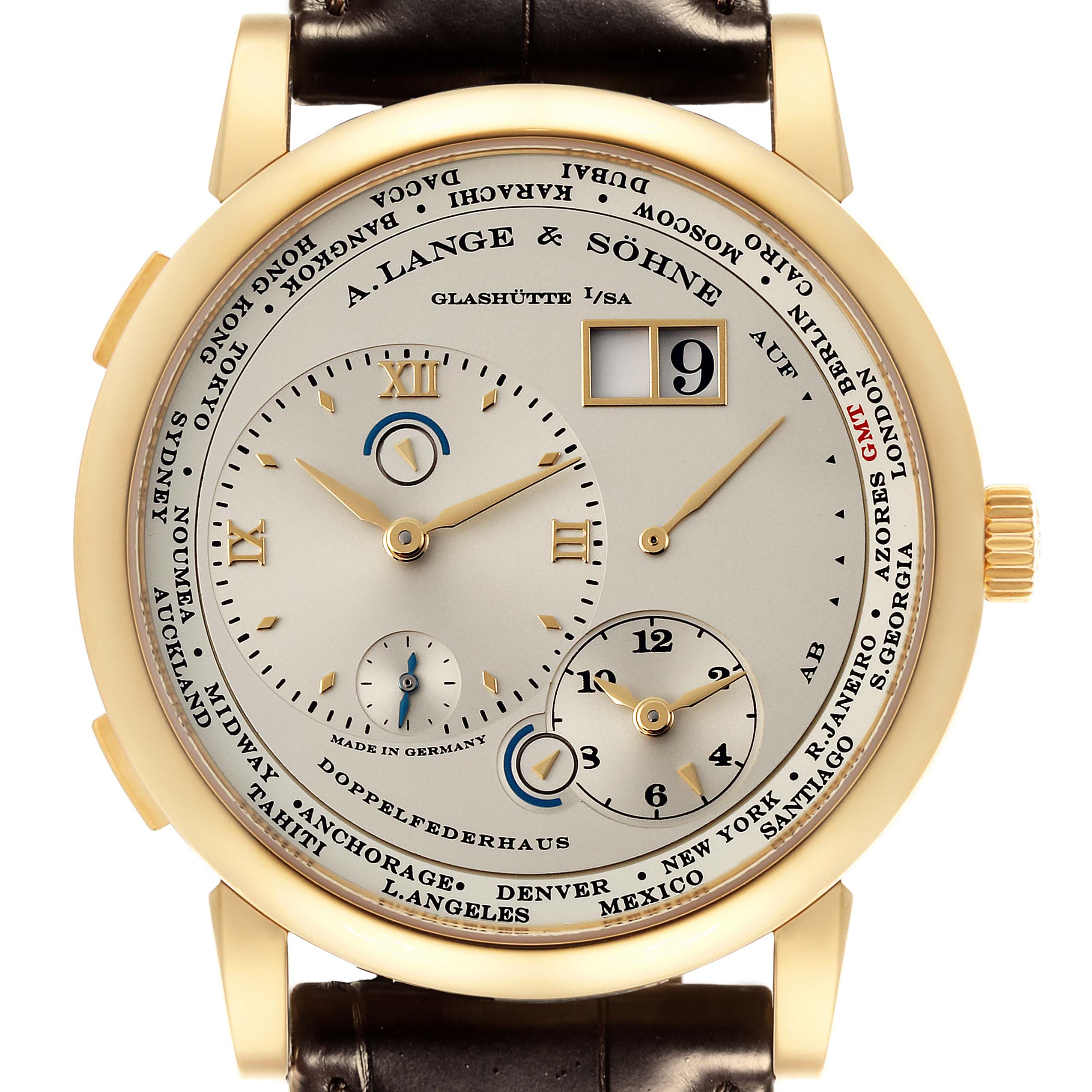 The A. Lange 
Sohne Lange 1 116.021 Men
s Yellow Gold Silver Dial is shown from a front angle, displaying its dial, hands, date window, and strap attachment.