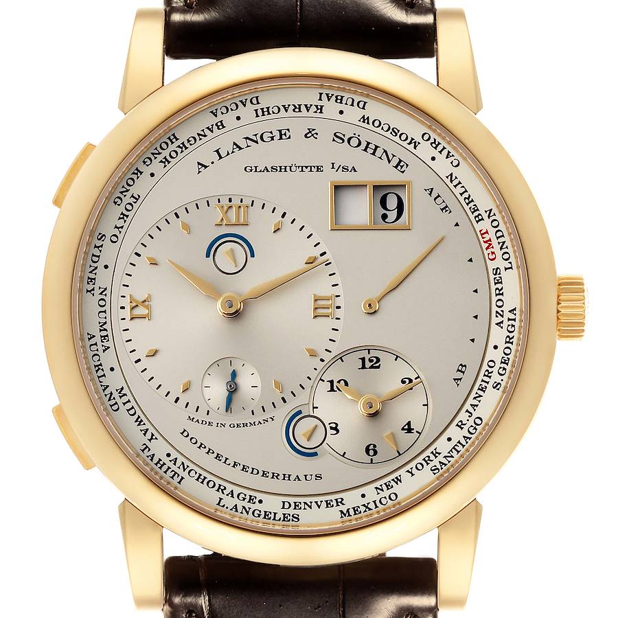 The A. Lange & Söhne Lange 1 is shown from a front angle, displaying its dial, hands, date window, and strap attachment.