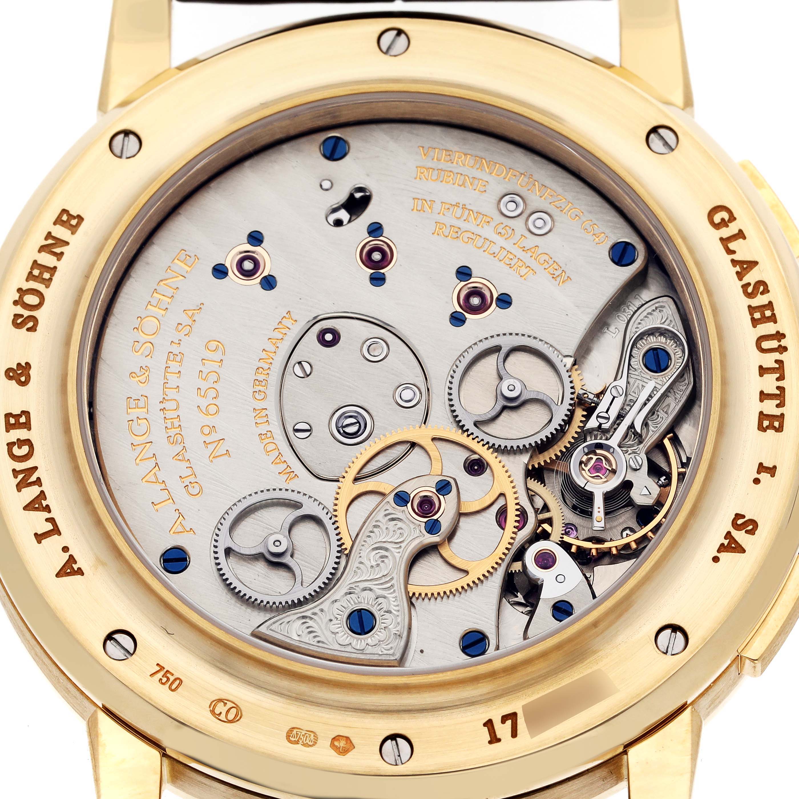 The image shows the detailed back view of the A. Lange 
Sohne Lange 1 116.021 Men
s Yellow Gold Silver Dial watch, highlighting its intricate movement and gears.