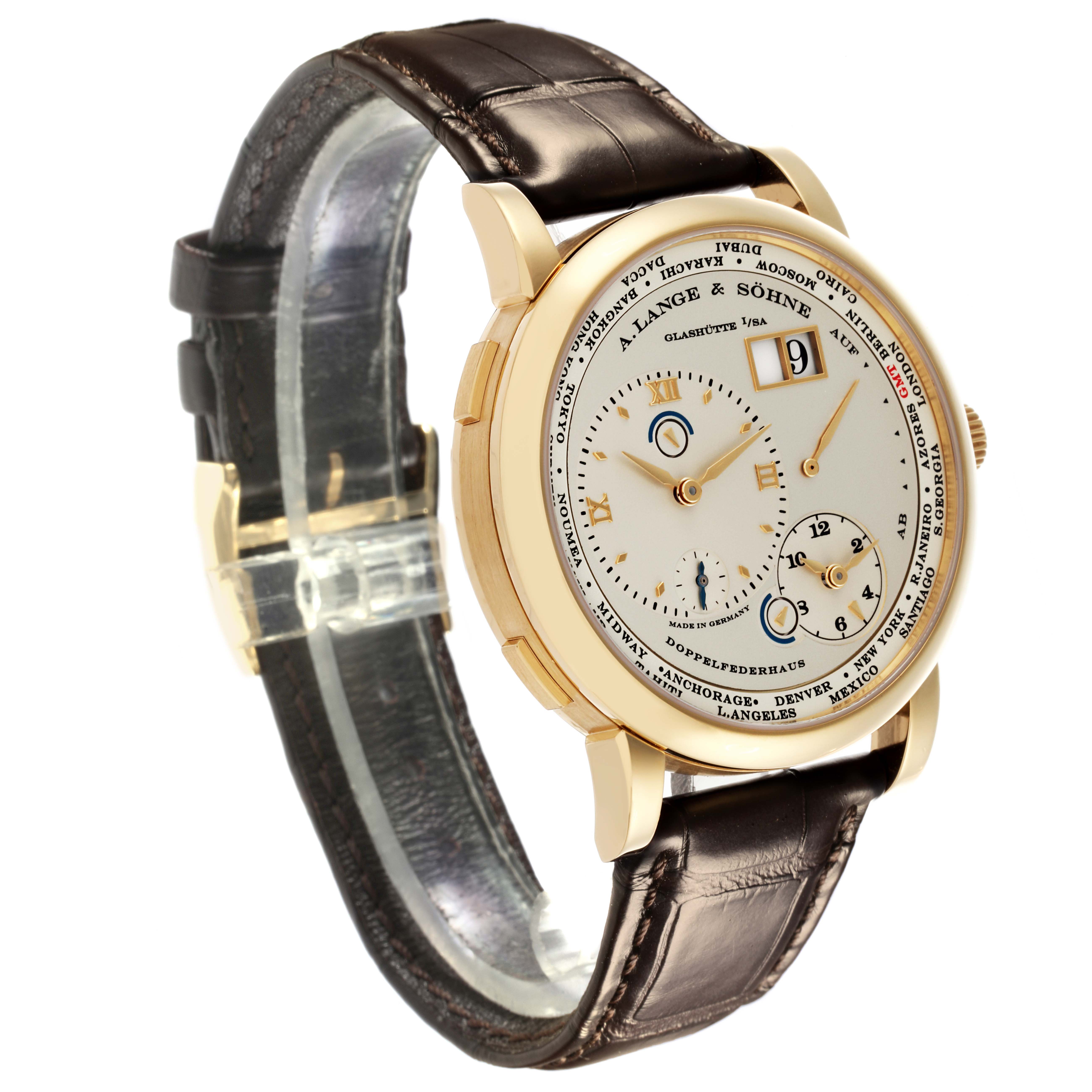 The Lange 1 by A. Lange 
Söhne is shown at a side angle, highlighting the dial, bezel, and leather strap.