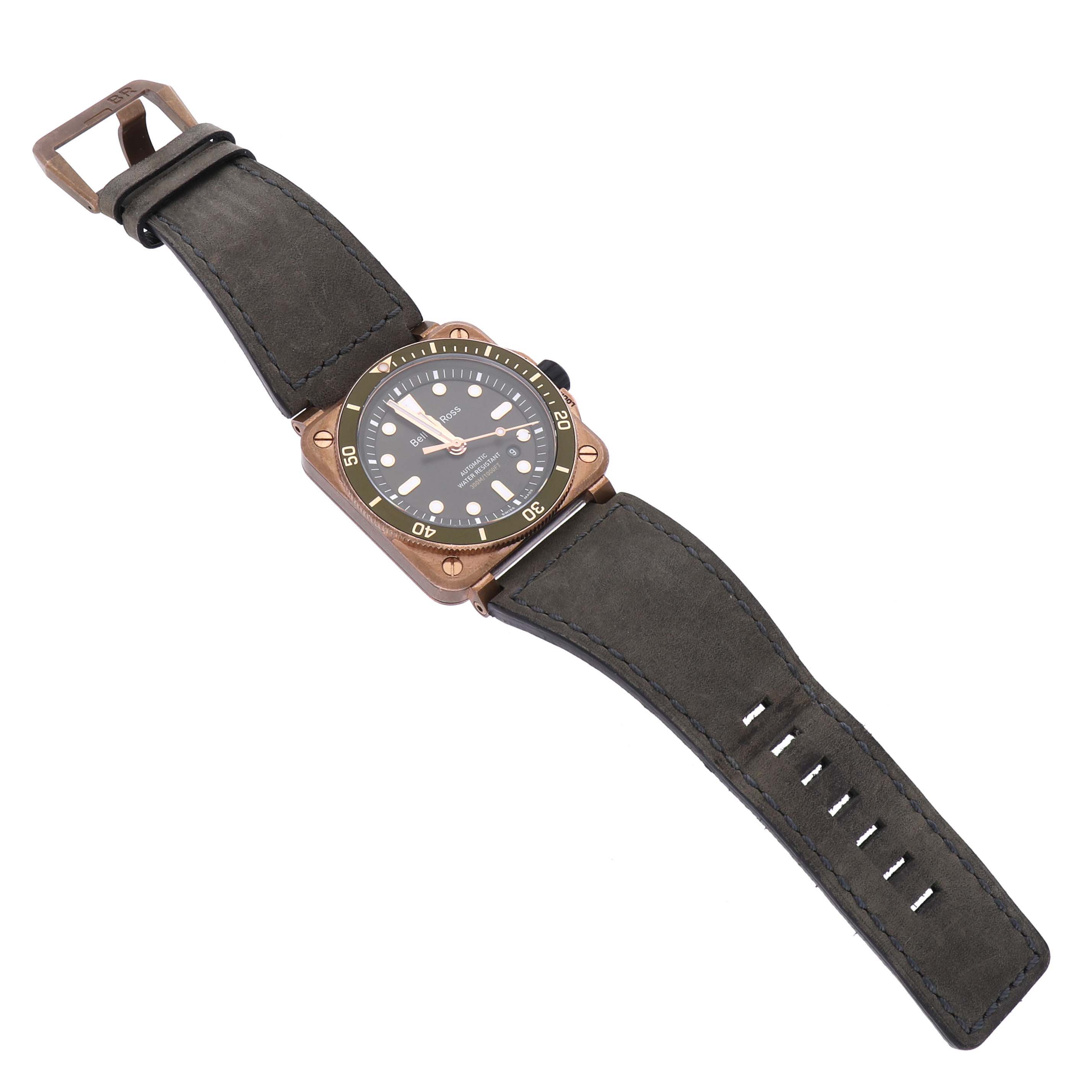 The Bell 
Ross Instruments BR03-92-DIV-B Men
s Bronze Green Dial BR03-92-DIV-B Men
s Bronze Green Dial watch is shown from a top angle, displaying the face, bezel, and entire strap.