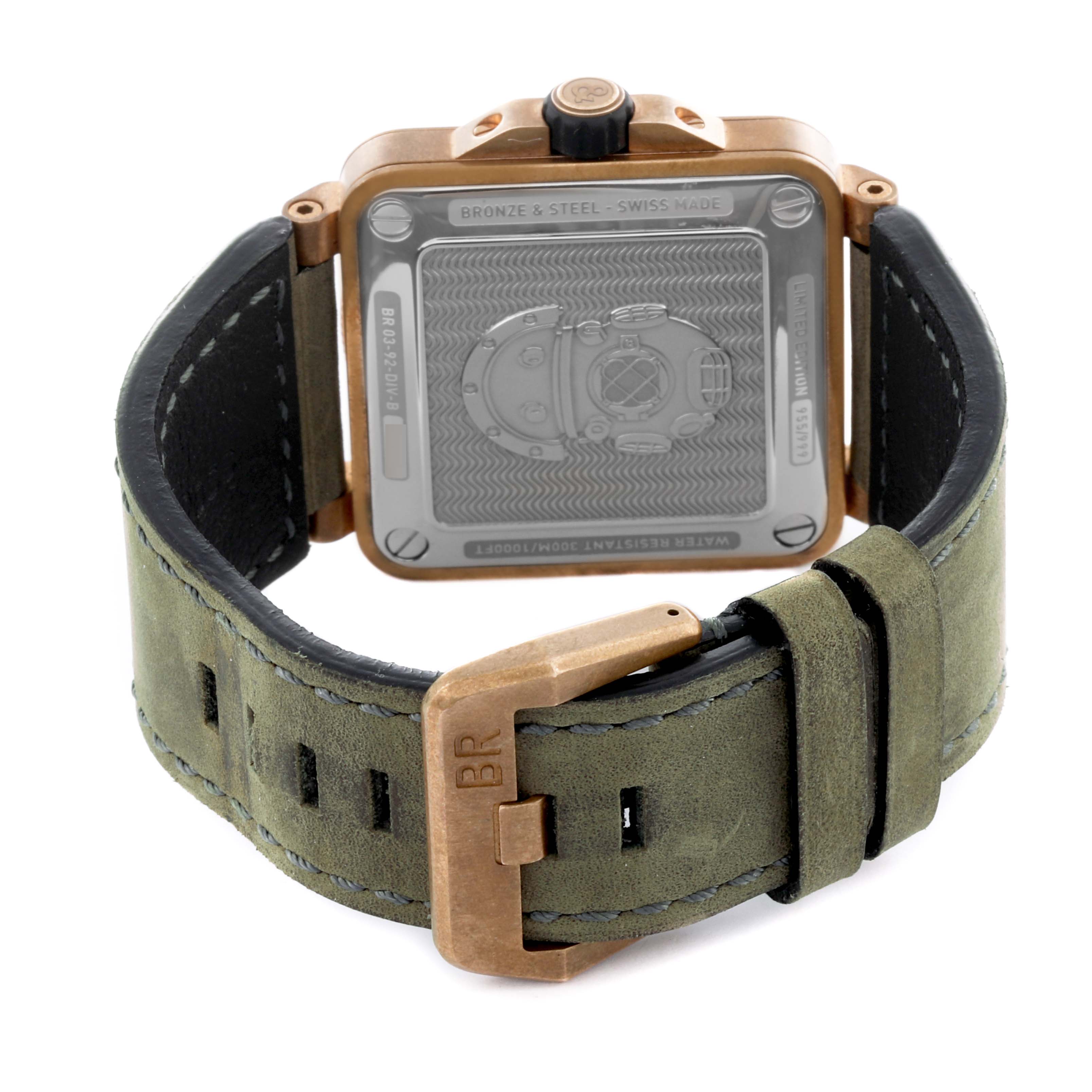 The Bell 
Ross Instruments BR03-92-DIV-B Men
s Bronze Green Dial BR03-92-DIV-B Men
s Bronze Green Dial model is shown from the back, highlighting the case, strap, and buckle.