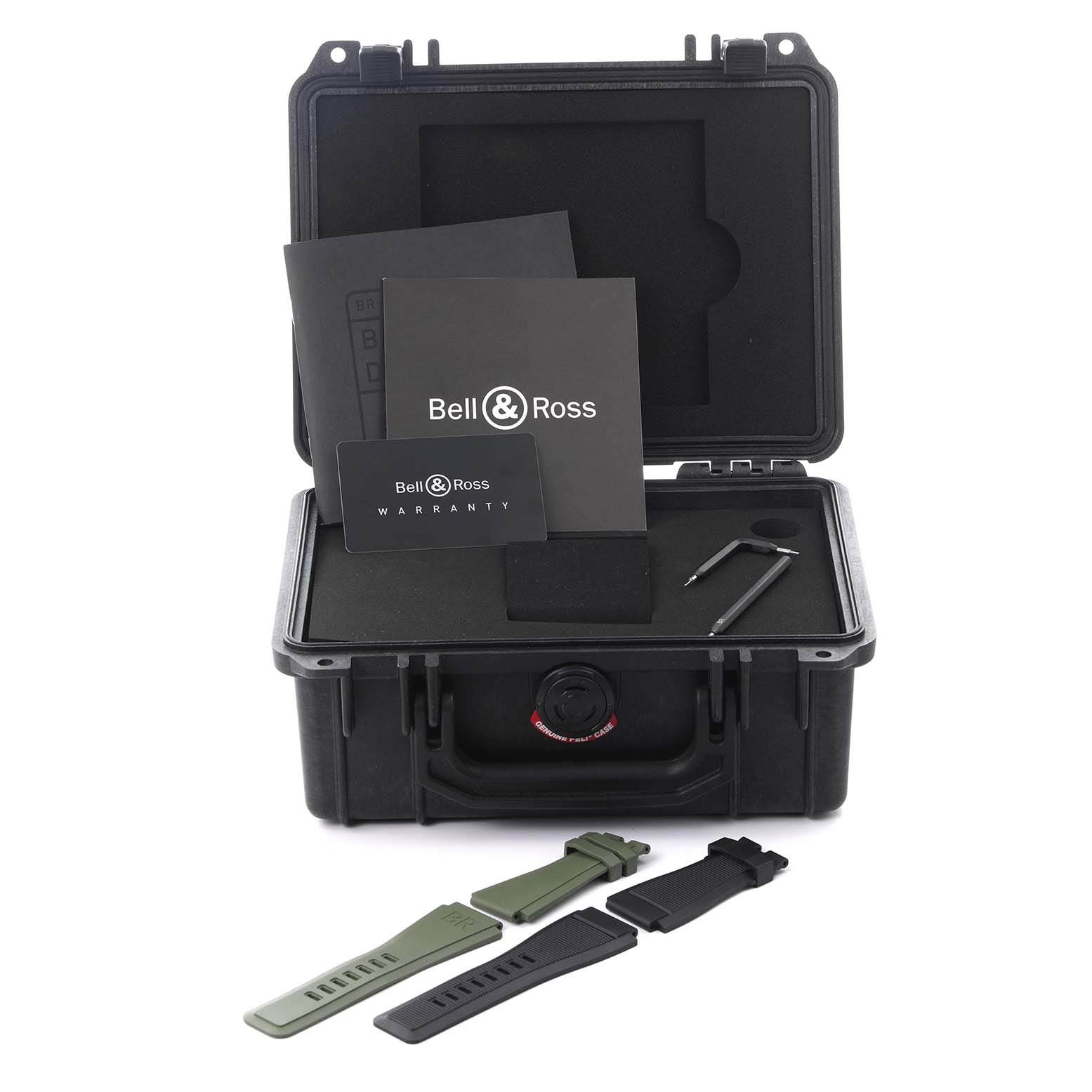 The image shows the Bell 
Ross Instruments BR03-92-DIV-B Men
s Bronze Green Dial BR03-92-DIV-B Men
s Bronze Green Dial model case, extra straps, tools, and warranty cards.