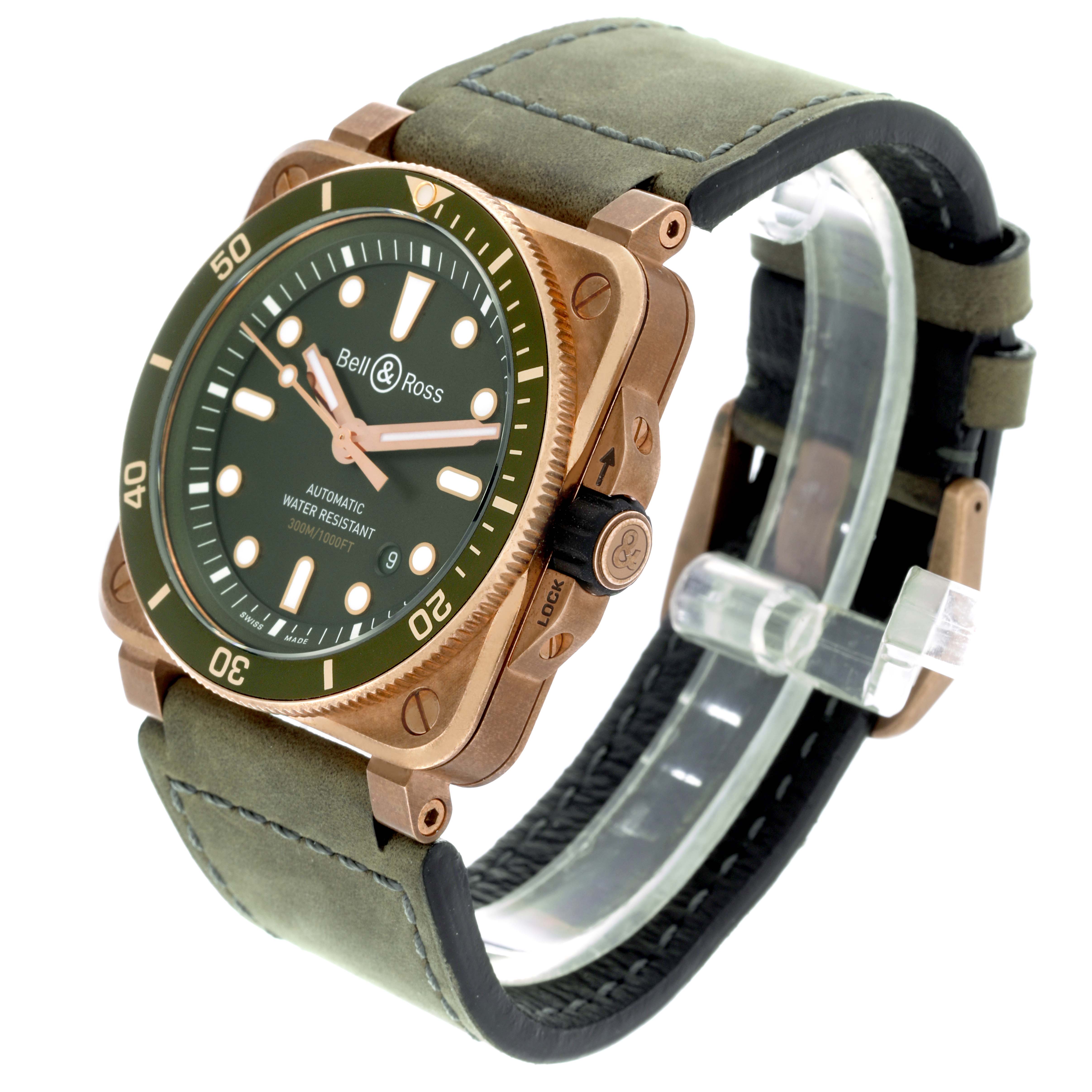 The image shows the Bell 
Ross Instruments BR03-92-DIV-B Men
s Bronze Green Dial BR03-92-DIV-B Men
s Bronze Green Dial model from an angled top view, highlighting the face, bezel, and strap.