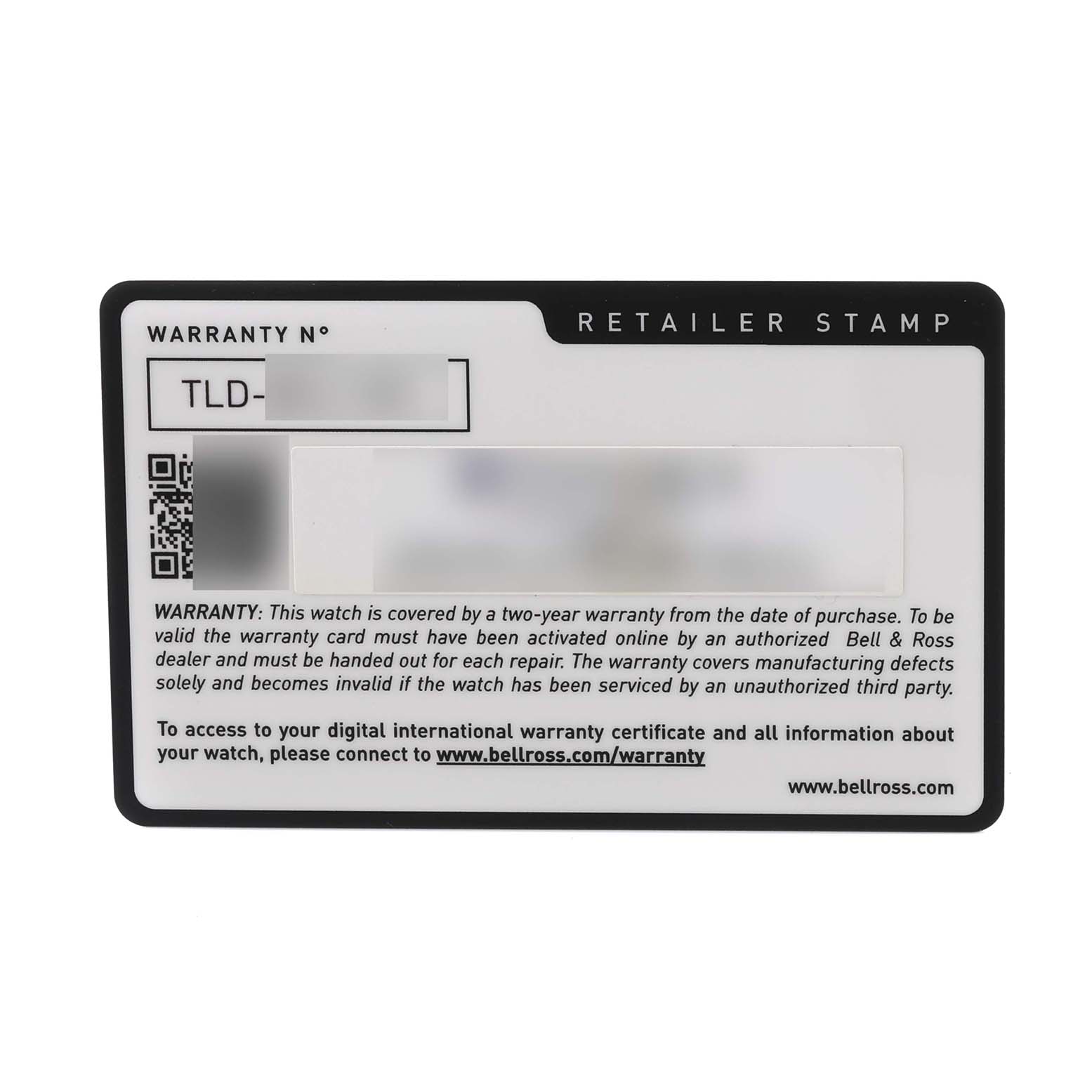 The image shows a warranty card for the Bell 
Ross Instruments BR03-92-DIV-B Men
s Bronze Green Dial BR03-92-DIV-B Men
s Bronze Green Dial watch.
