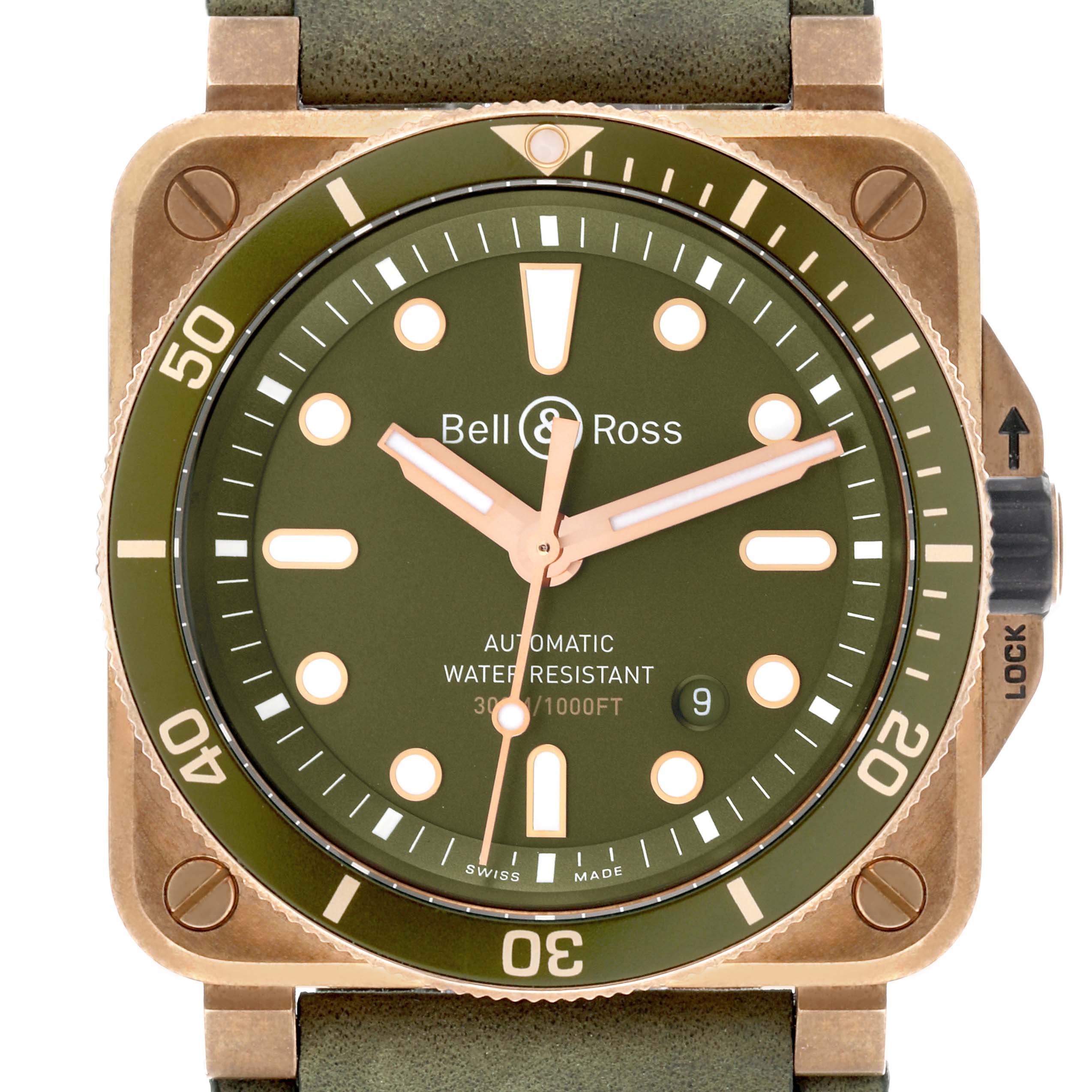 The Bell 
Ross Instruments BR03-92-DIV-B Men
s Bronze Green Dial BR03-92-DIV-B Men
s Bronze Green Dial watch is shown from a front-facing angle highlighting the dial, bezel, and crown.