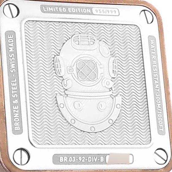 The image shows the back casing of the Bell 
Ross Instruments BR03-92-DIV-B Men
s Bronze Green Dial BR03-92-DIV-B Men
s Bronze Green Dial model, highlighting its limited edition status and water resistance.