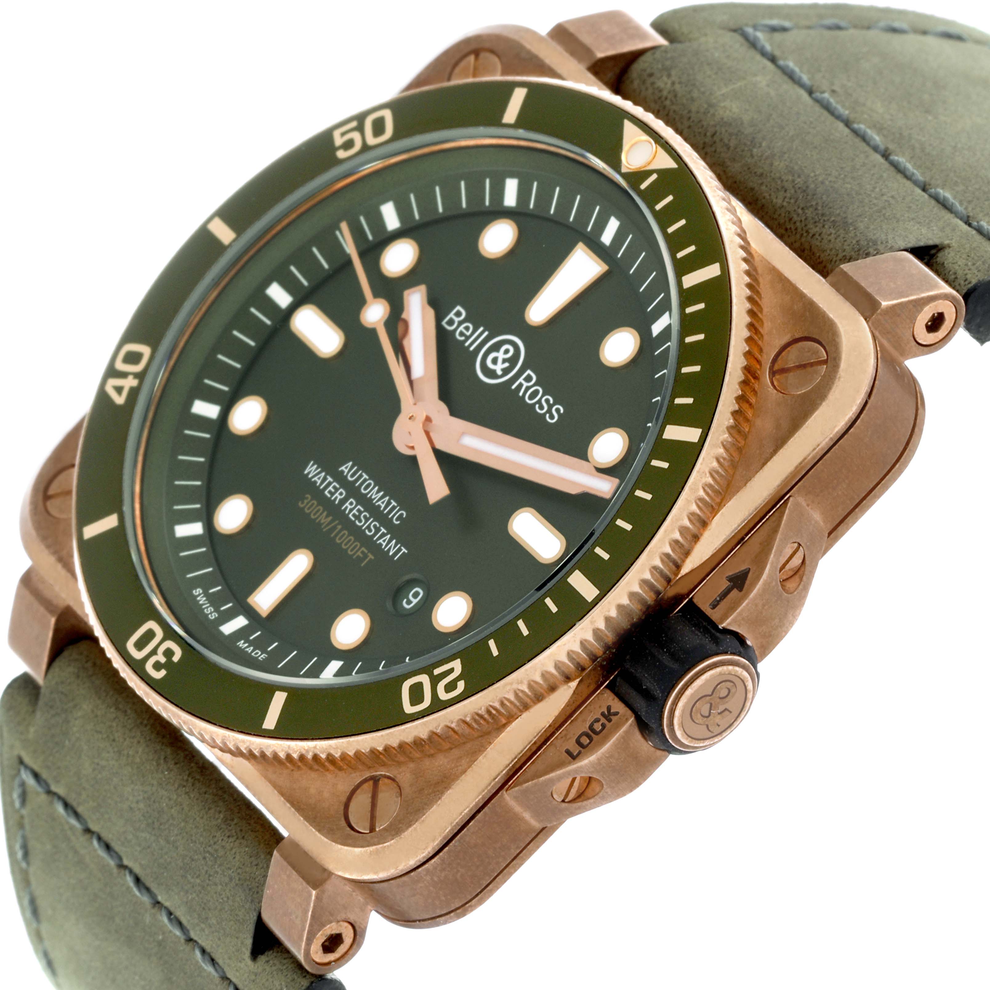 The Bell 
Ross Instruments BR03-92-DIV-B Men
s Bronze Green Dial BR03-92-DIV-B Men
s Bronze Green Dial model watch is shown from a front angle, highlighting the dial, bezel, and case.