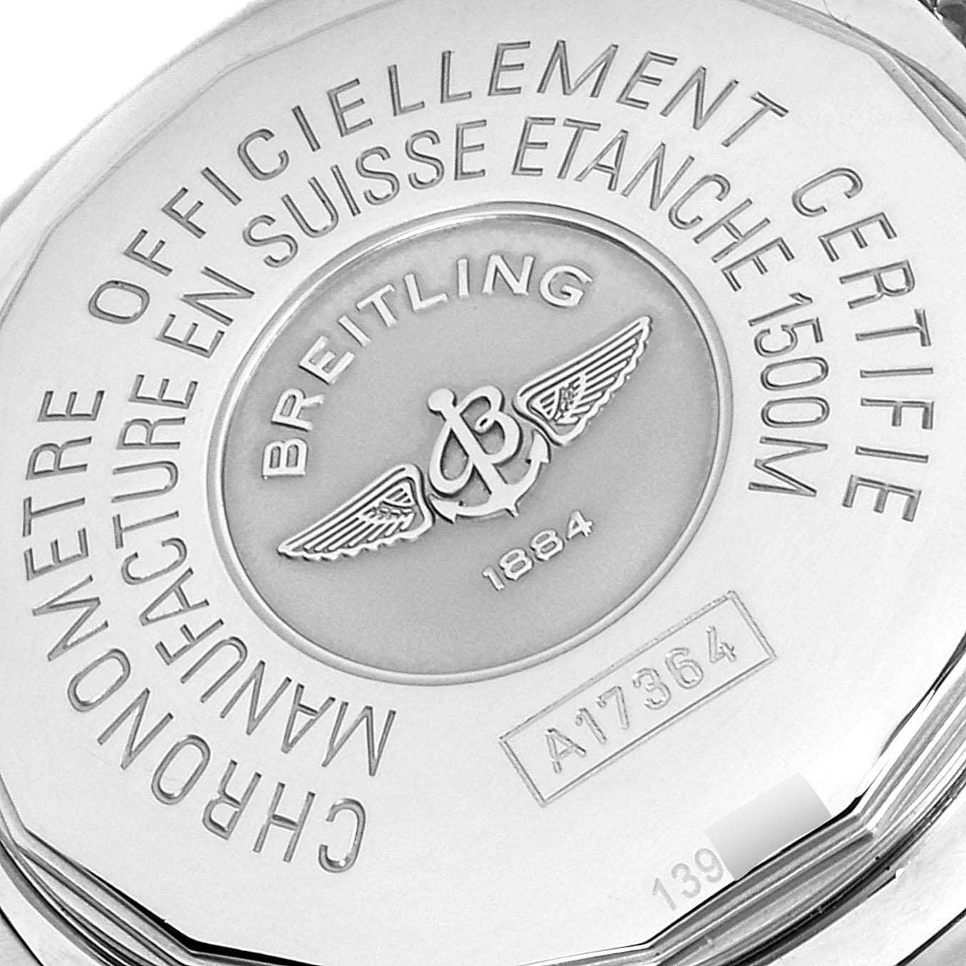 This image shows the back case of a Breitling Superocean A17364 Men's Stainless Steel Black Dial A17364 Men's Stainless Steel Black Dial watch with engraved details.