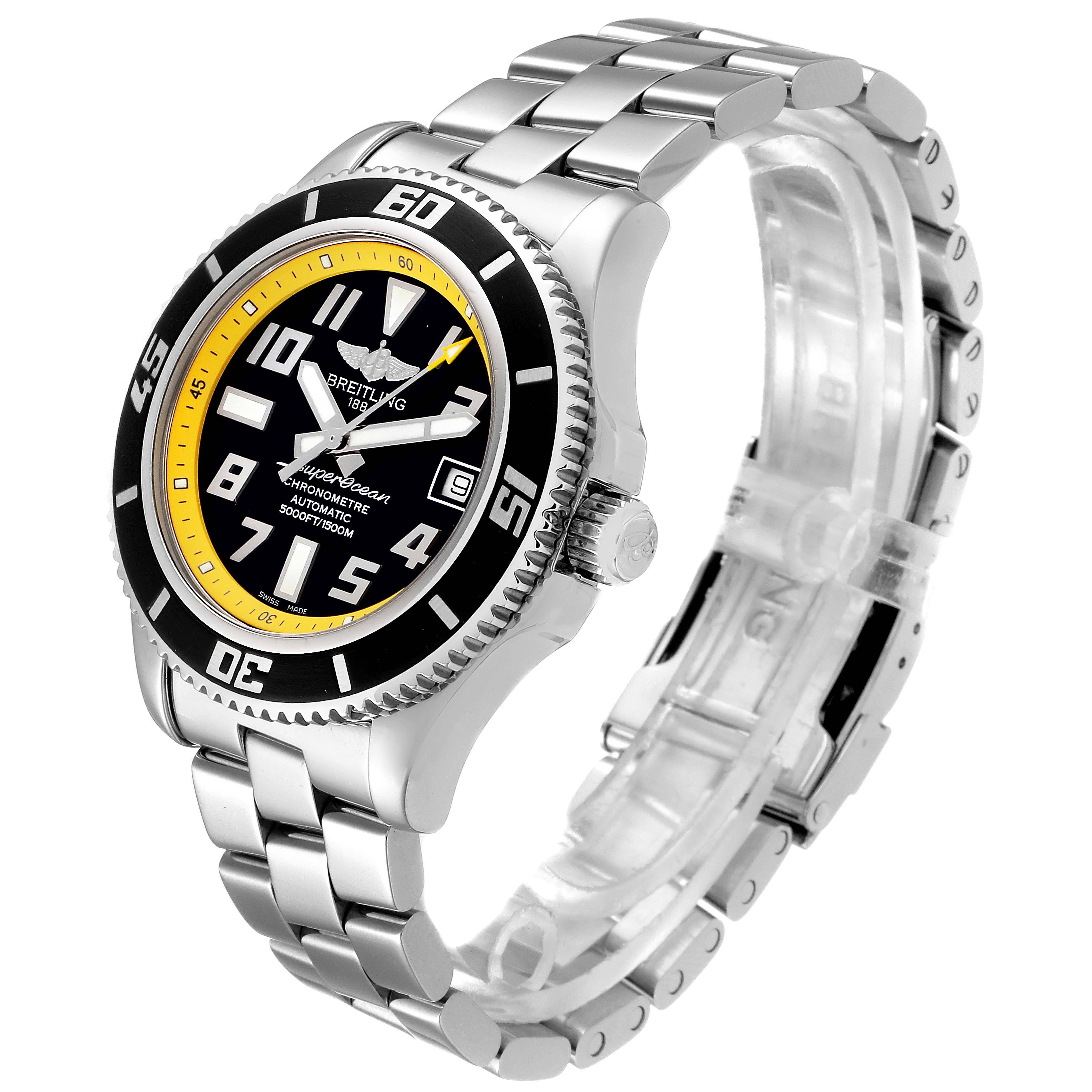 The image shows a Breitling Superocean A17364 Men's Stainless Steel Black Dial A17364 Men's Stainless Steel Black Dial watch from a three-quarter angle, highlighting the face, bezel, crown, and metal bracelet.