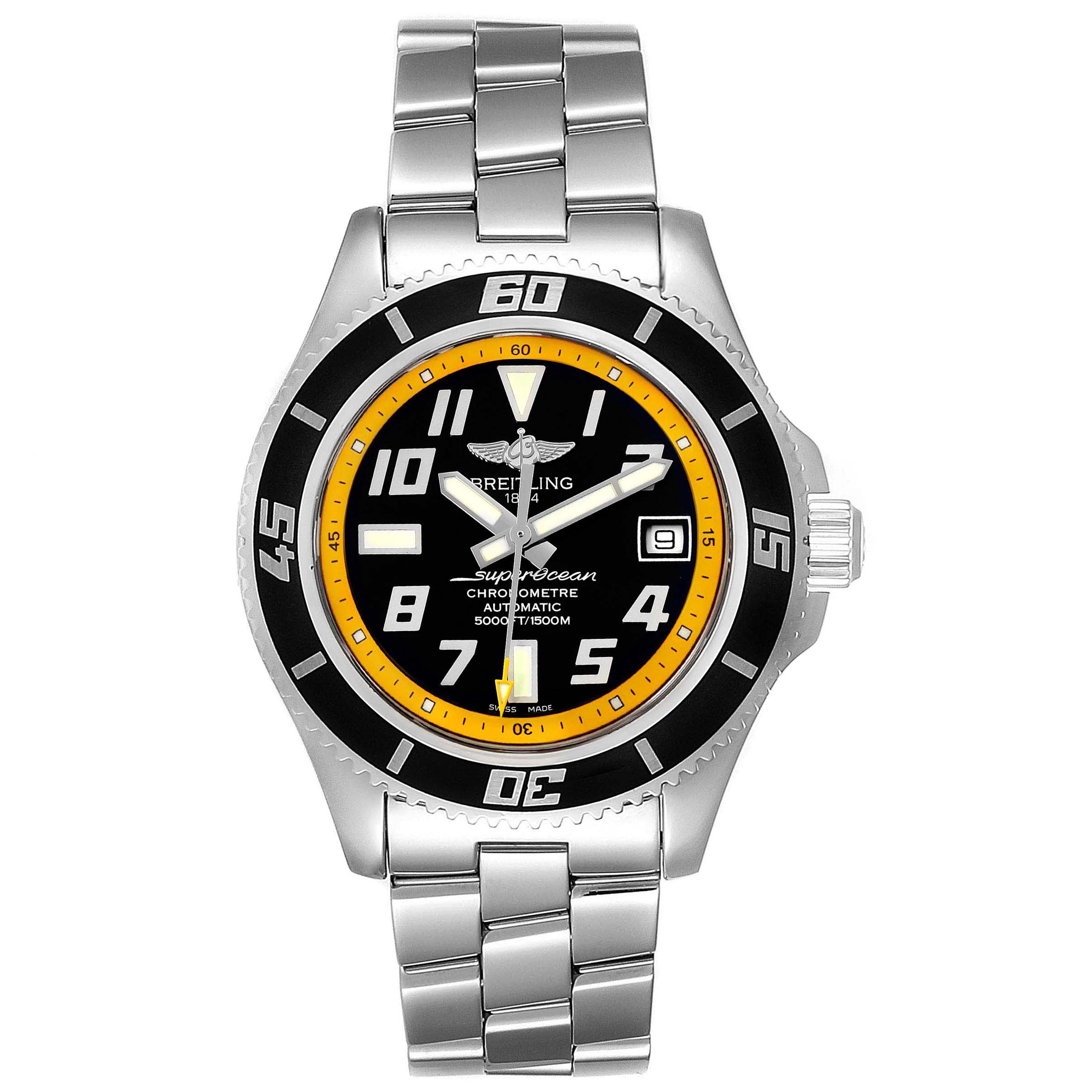 This image shows a front view of a Breitling Superocean A17364 Men's Stainless Steel Black Dial A17364 Men's Stainless Steel Black Dial watch with a metal bracelet, black dial, yellow accents, and date display.