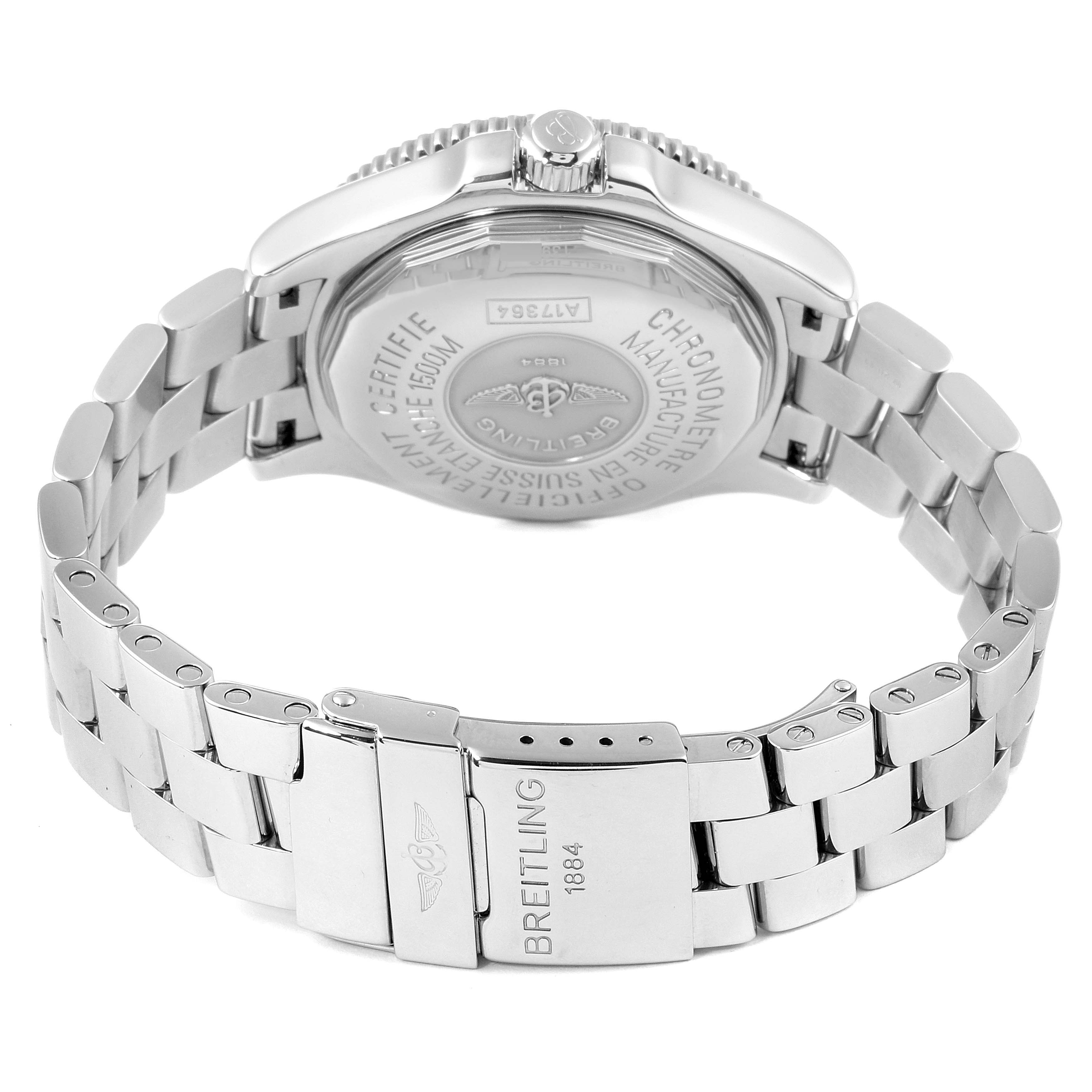 The image shows the back and side of the Breitling Superocean A17364 Men's Stainless Steel Black Dial A17364 Men's Stainless Steel Black Dial watch, highlighting the clasp and bracelet.