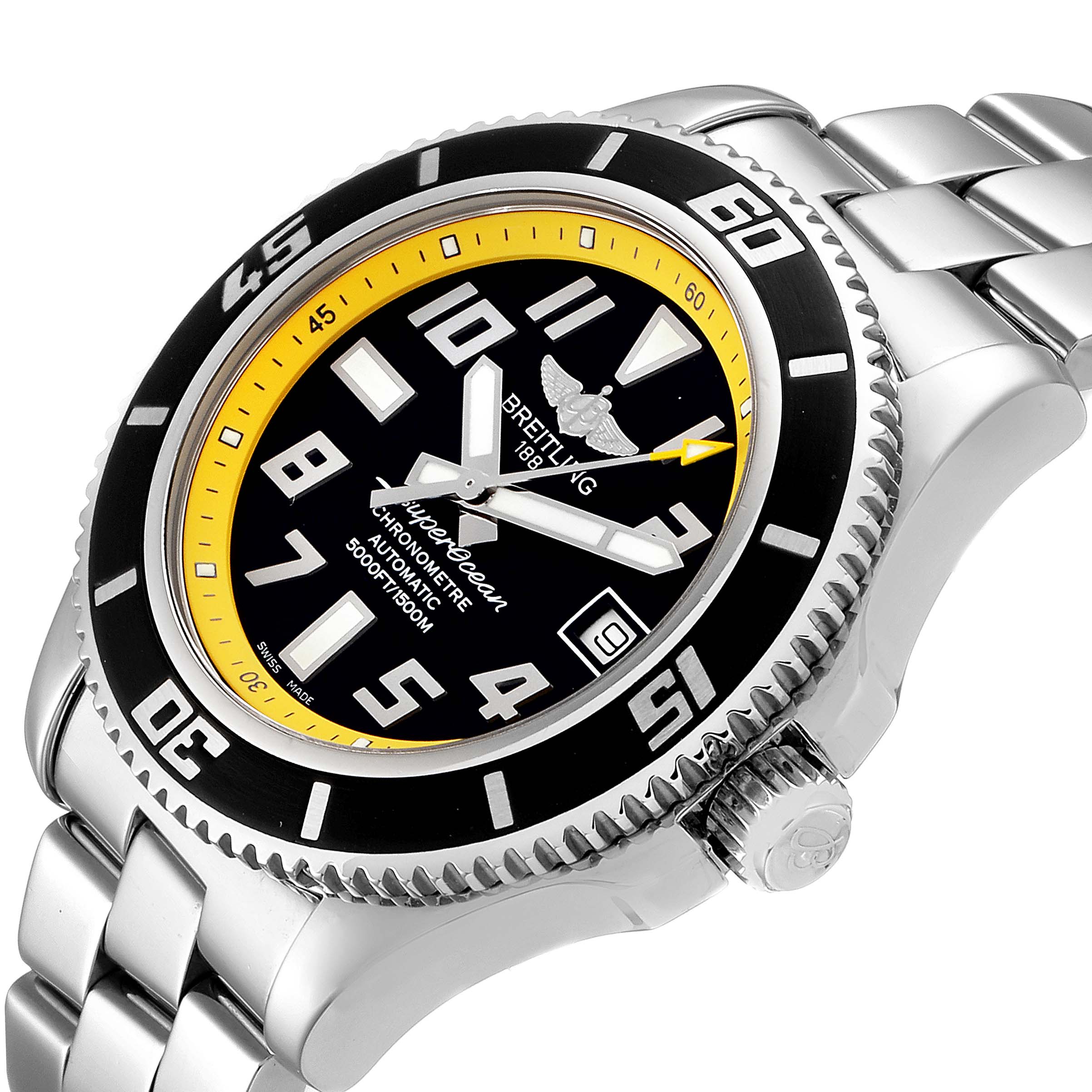 The image shows a Breitling Superocean A17364 Men's Stainless Steel Black Dial A17364 Men's Stainless Steel Black Dial watch at an angled view, highlighting the face, bezel, crown, and part of the bracelet.