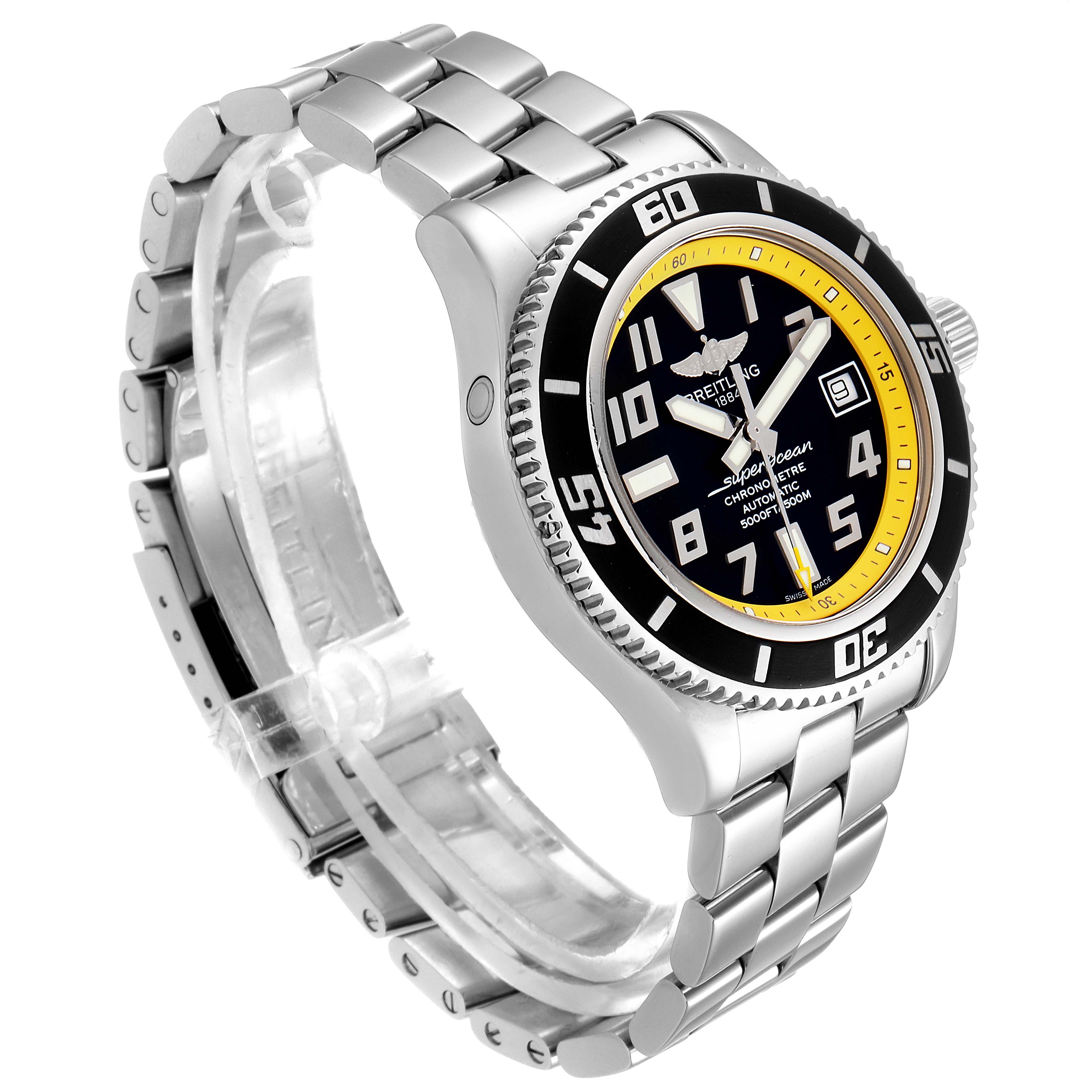 The image shows a side angle of the Breitling Superocean A17364 Men's Stainless Steel Black Dial A17364 Men's Stainless Steel Black Dial watch, highlighting its bracelet, bezel, and dial.