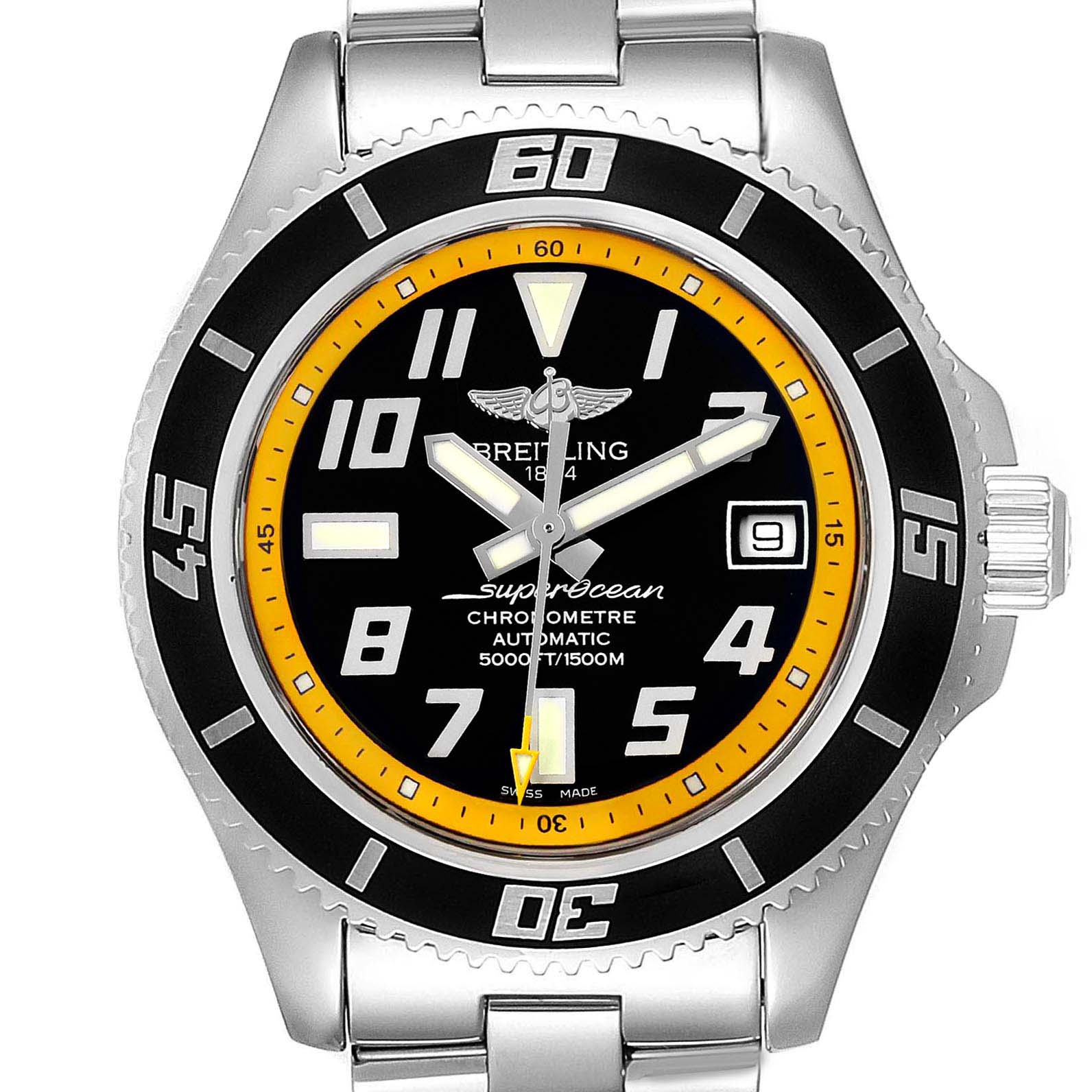 The image shows a front view of the Breitling Superocean A17364 Men's Stainless Steel Black Dial A17364 Men's Stainless Steel Black Dial watch, highlighting its dial, hands, bezel, and crown.