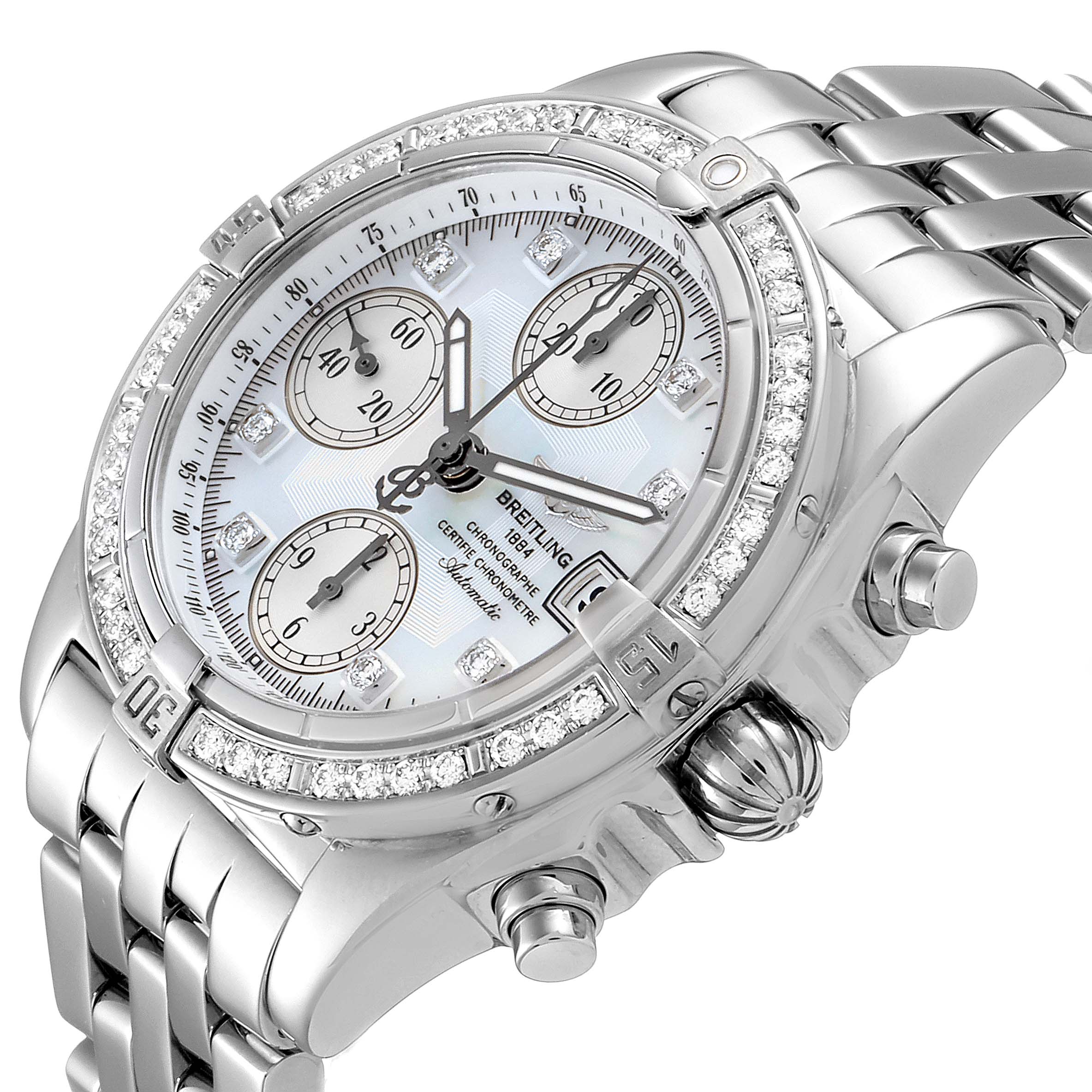 This Breitling Windrider A13358 Men's Stainless Steel Mother of Pearl Dial A13358 Men's Stainless Steel Mother of Pearl Dial watch is shown from a front angle, featuring its stainless steel bracelet, bezel with diamond accents, and chronograph dials.