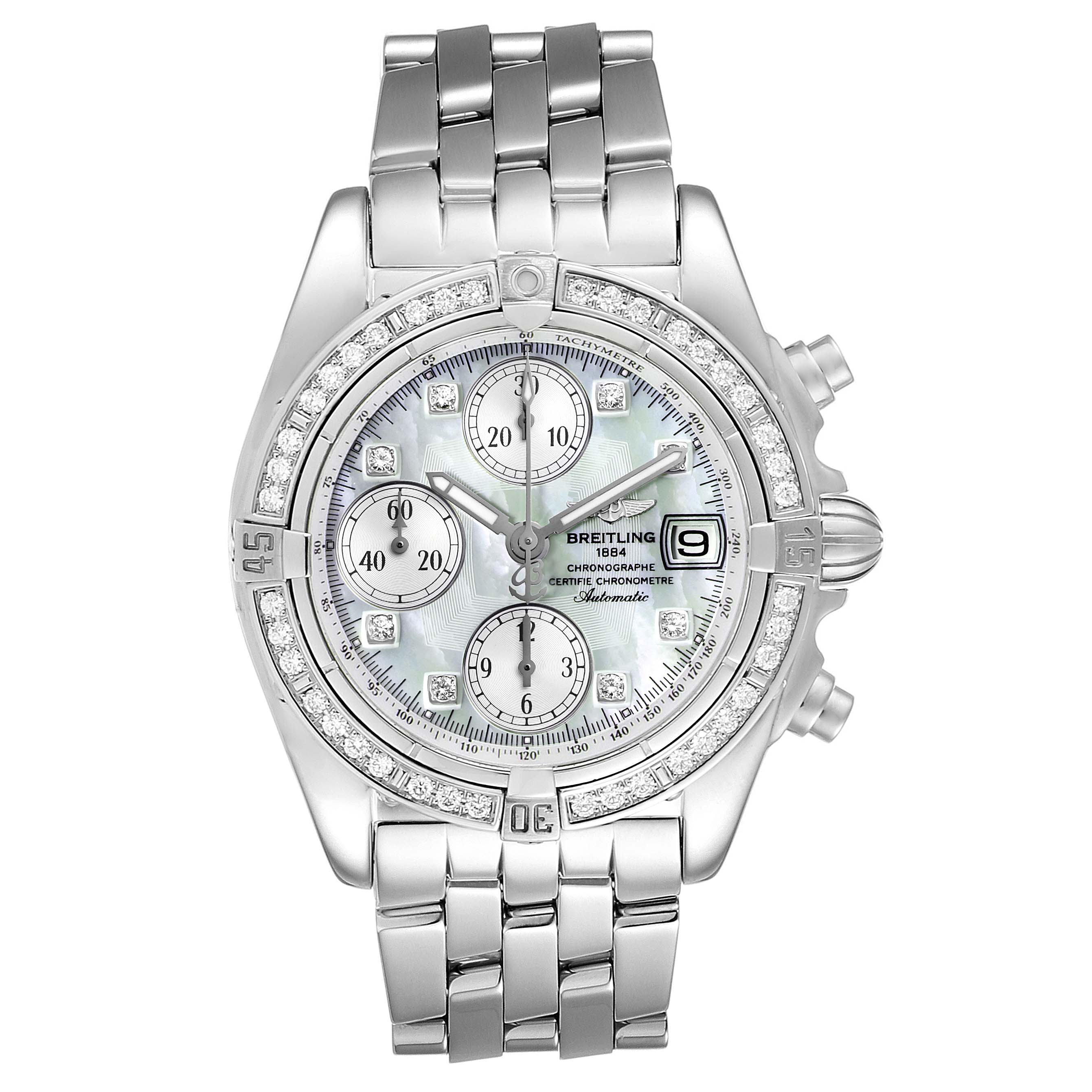 The image shows a front view of the Breitling Windrider A13358 Men's Stainless Steel Mother of Pearl Dial A13358 Men's Stainless Steel Mother of Pearl Dial watch, displaying its face, bezel, and metal bracelet.