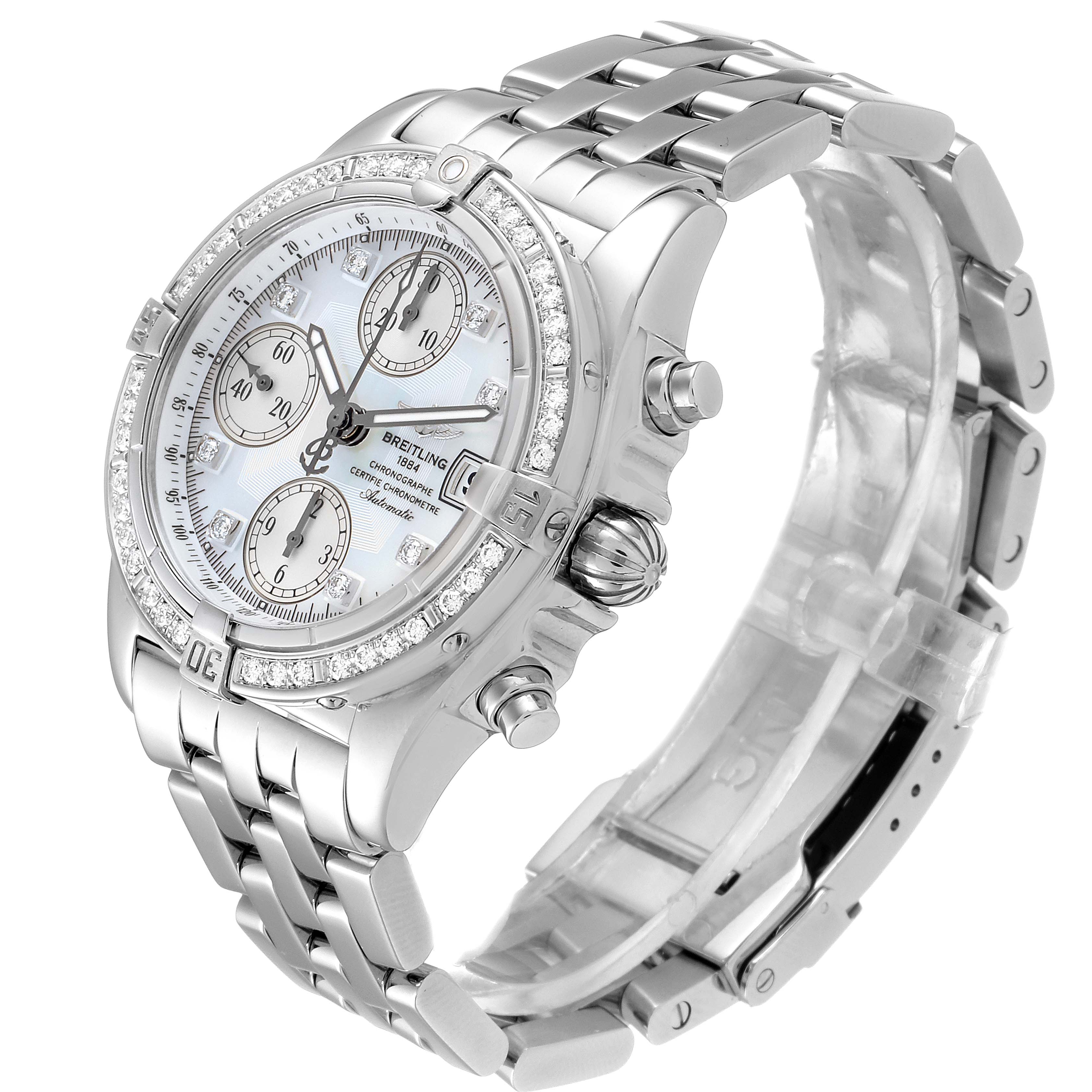 The image shows a side angle of the Breitling Windrider A13358 Men's Stainless Steel Mother of Pearl Dial A13358 Men's Stainless Steel Mother of Pearl Dial watch, focusing on its dial, case, bezel, and bracelet.