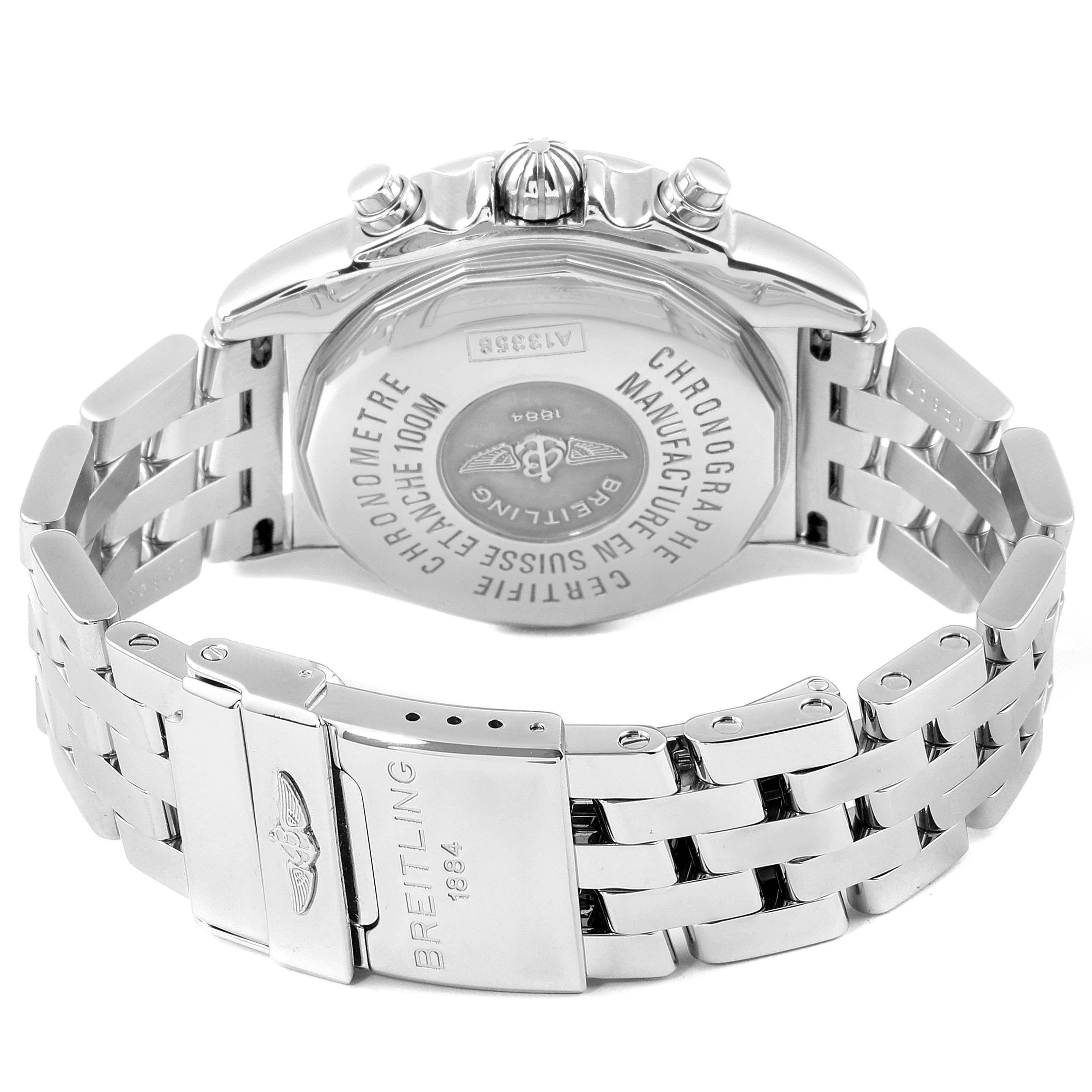 The image shows the backside and bracelet of the Breitling Windrider A13358 Men's Stainless Steel Mother of Pearl Dial A13358 Men's Stainless Steel Mother of Pearl Dial watch, highlighting the engraved case back and clasp.