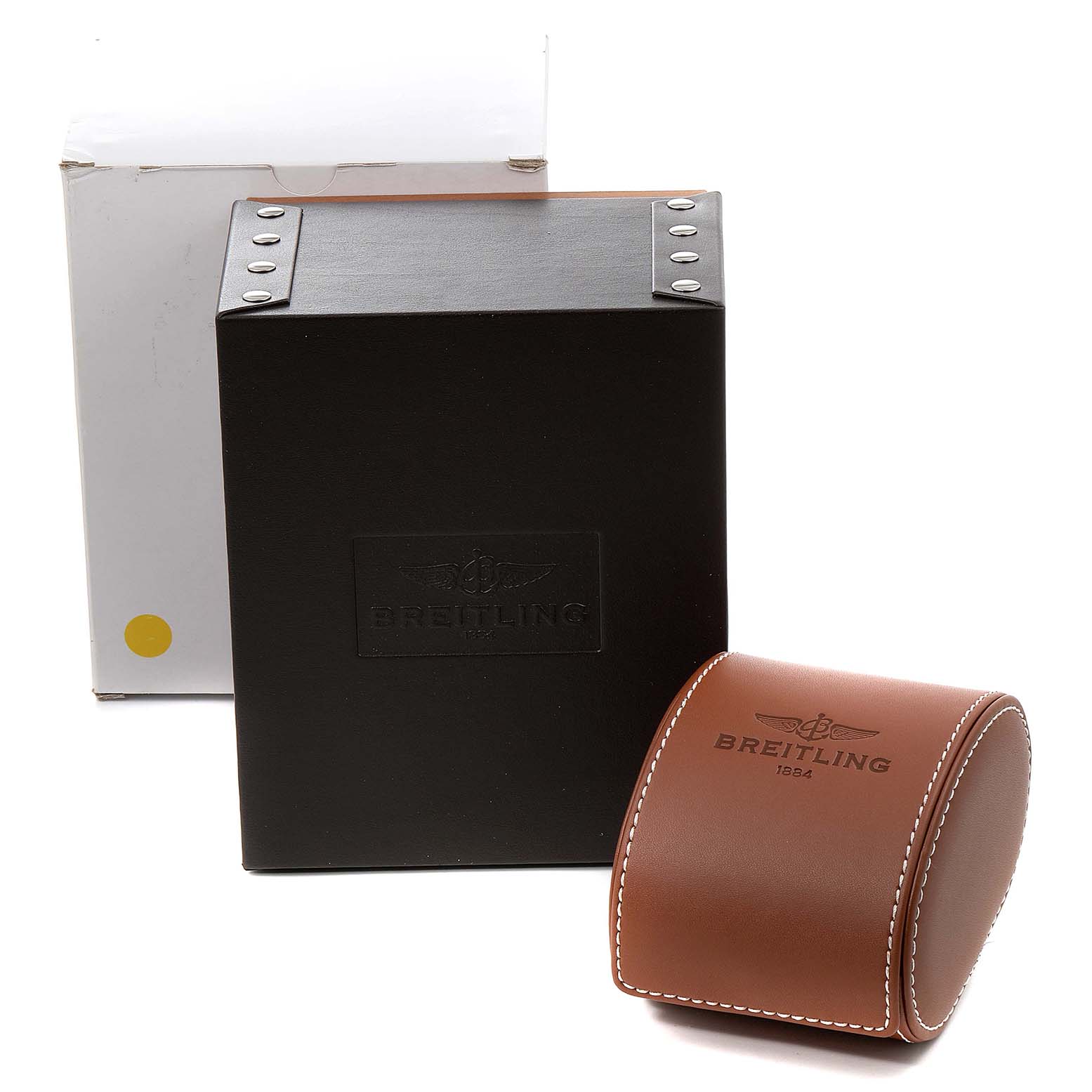 This image shows the packaging and brown leather watch case for the Breitling Windrider A13358 Men's Stainless Steel Mother of Pearl Dial A13358 Men's Stainless Steel Mother of Pearl Dial model.