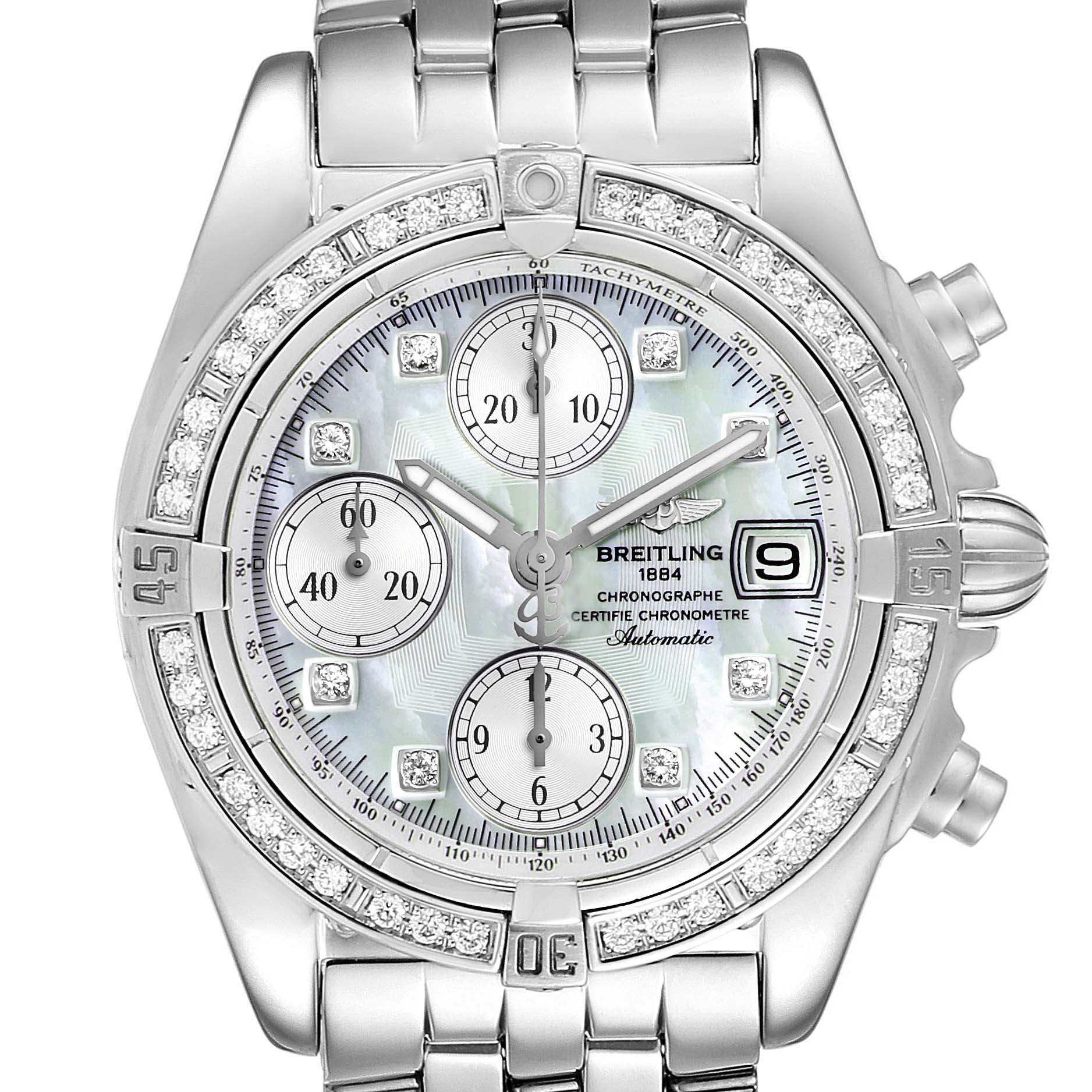 The image shows a front view of the Breitling Windrider A13358 Men's Stainless Steel Mother of Pearl Dial A13358 Men's Stainless Steel Mother of Pearl Dial watch, detailing the face, bezel, sub-dials, date window, and bracelet.