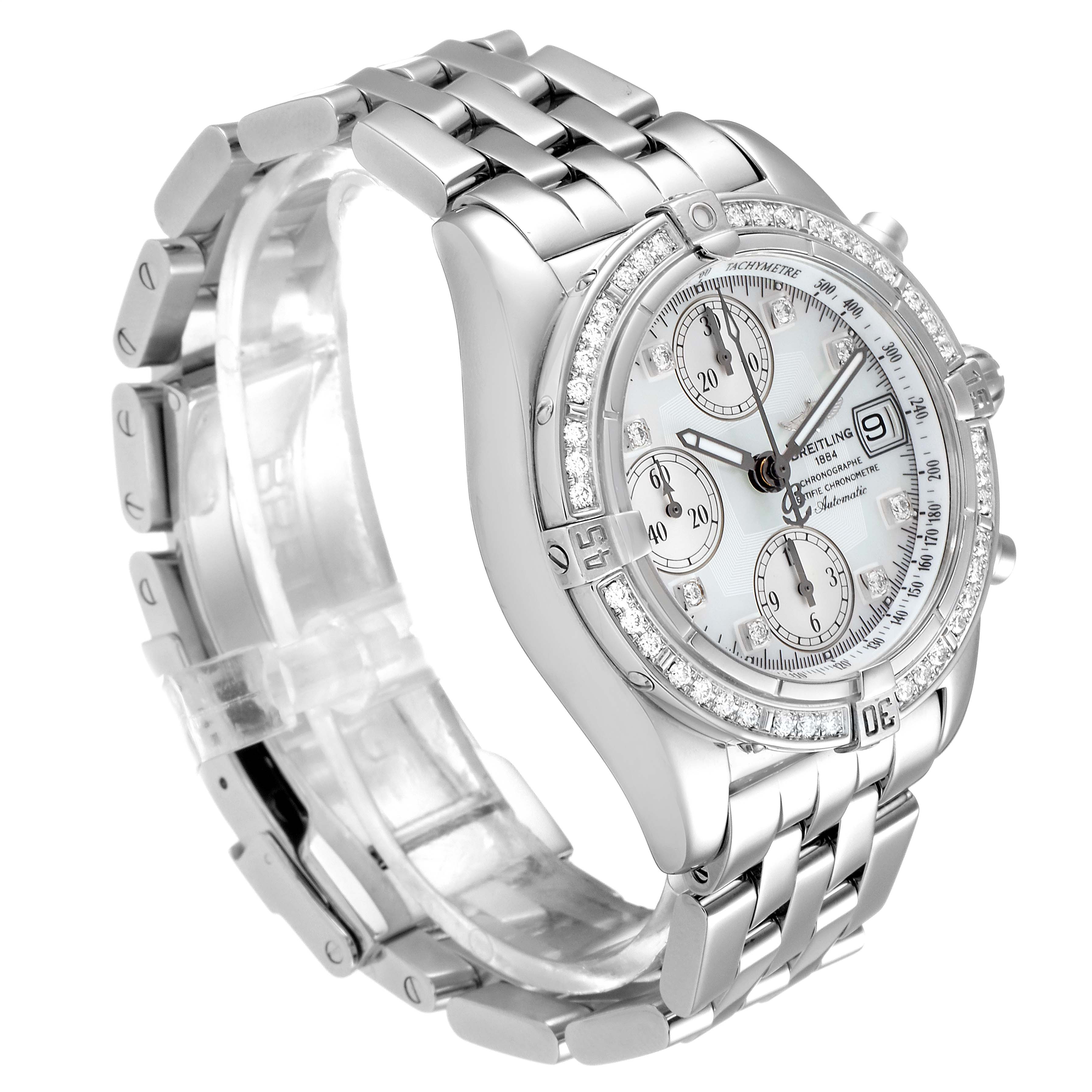 The image shows a side angle of the Breitling Windrider A13358 Men's Stainless Steel Mother of Pearl Dial A13358 Men's Stainless Steel Mother of Pearl Dial watch, highlighting its face, crystal bezel, and metal strap.